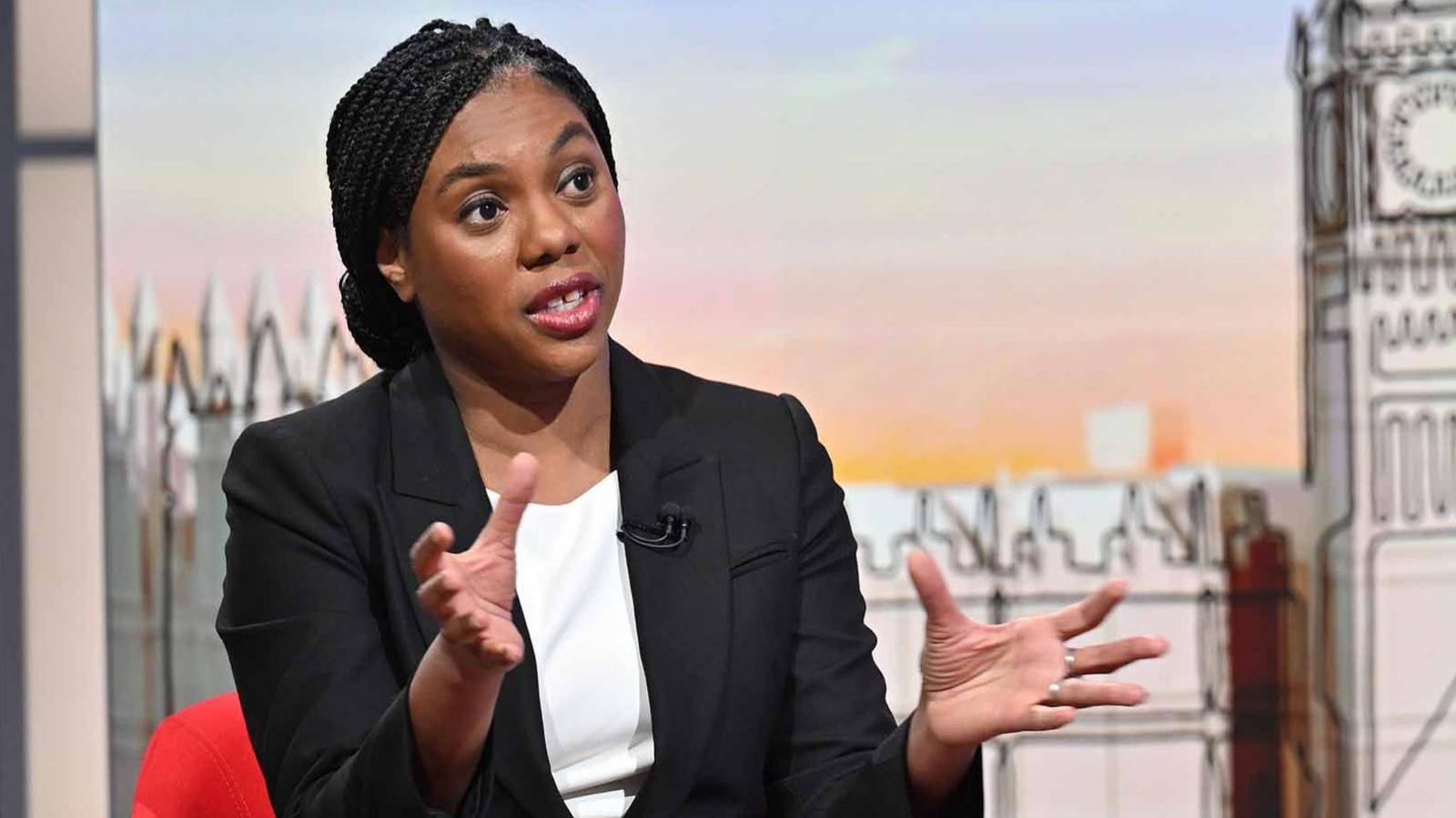 Conservative Leader Kemi Badenoch wears a black blazer and white shirt on BBC One's Sunday with Laura Kuenssberg