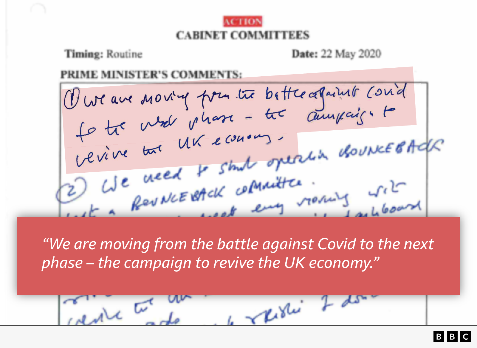 A document marked "ACTION CABINET COMMITTEES" and dated 22 May 2020. In a box marked Prime Minister's Comments it includes: "1. We are making from the battle against Covid to the next phase - the campaign to revive the UK economy."