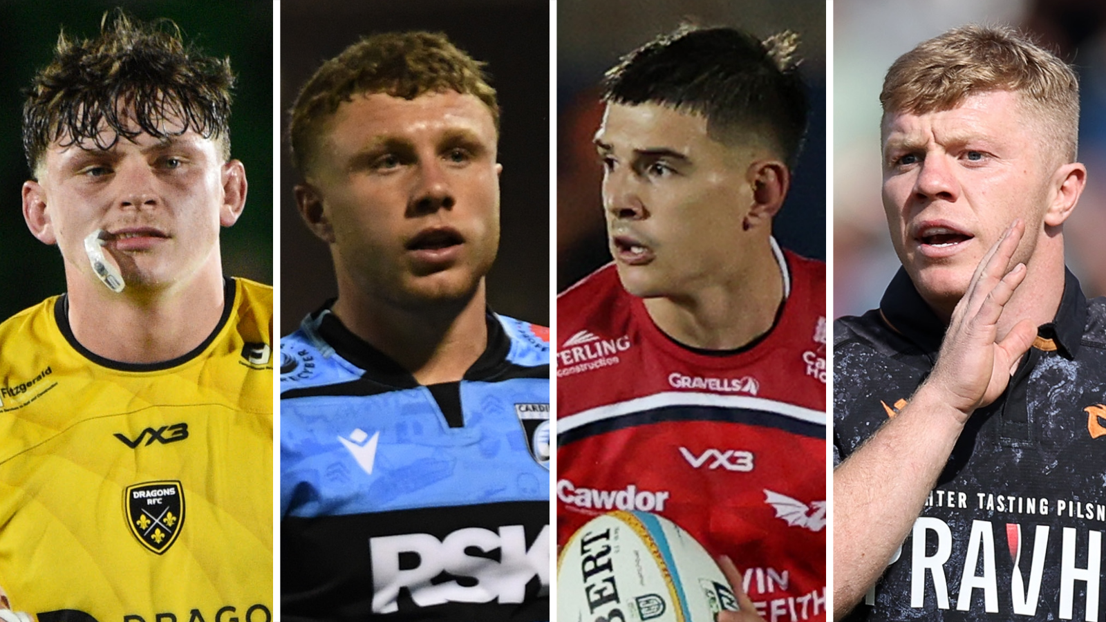 Dragons' Ryan Woodman, Cardiff's Tom Bowen, Scarlets' Joe Hawkins and Ospreys' Keiran Williams