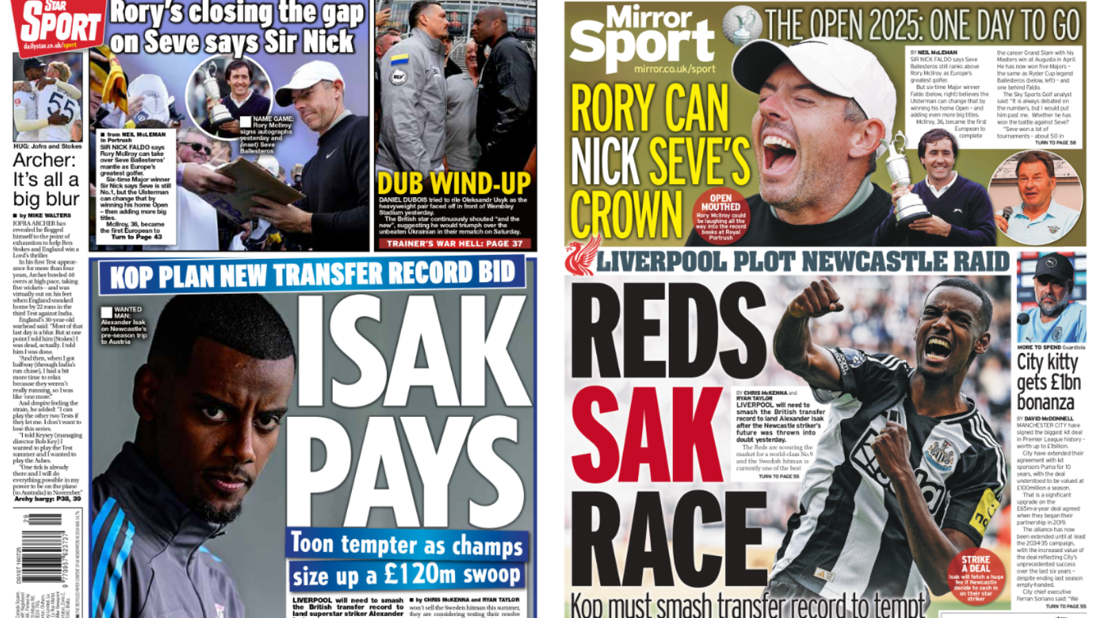 The Star and the Mirror back pages both highlight Liverpool's move for Alexander Isak