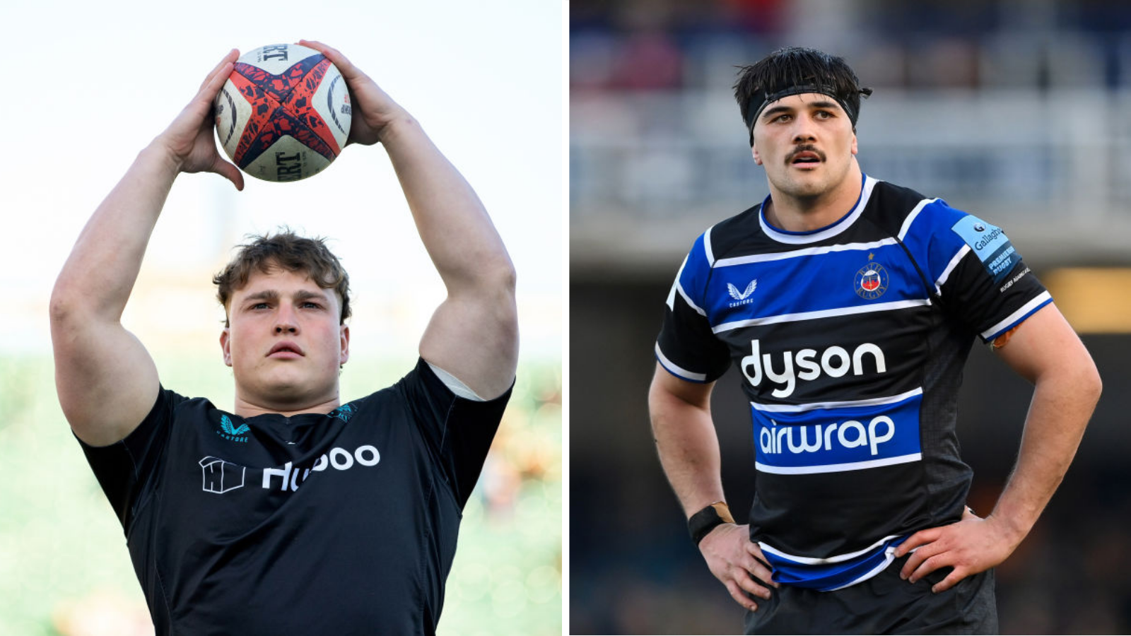 A split picture image showing Jasper Spandler on the left holding a rugby ball above his head ready to throw into the lineout, and Tom Cowan on the right with his hands on his hips during a match