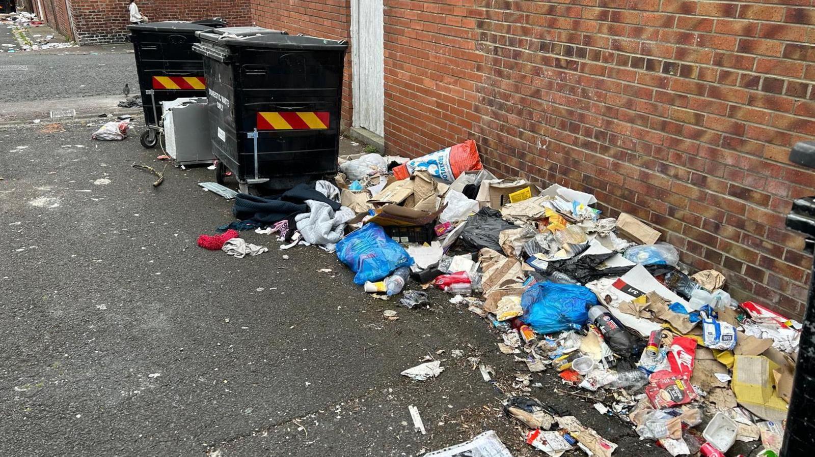 Lots of rubbish on the floor next to big bins