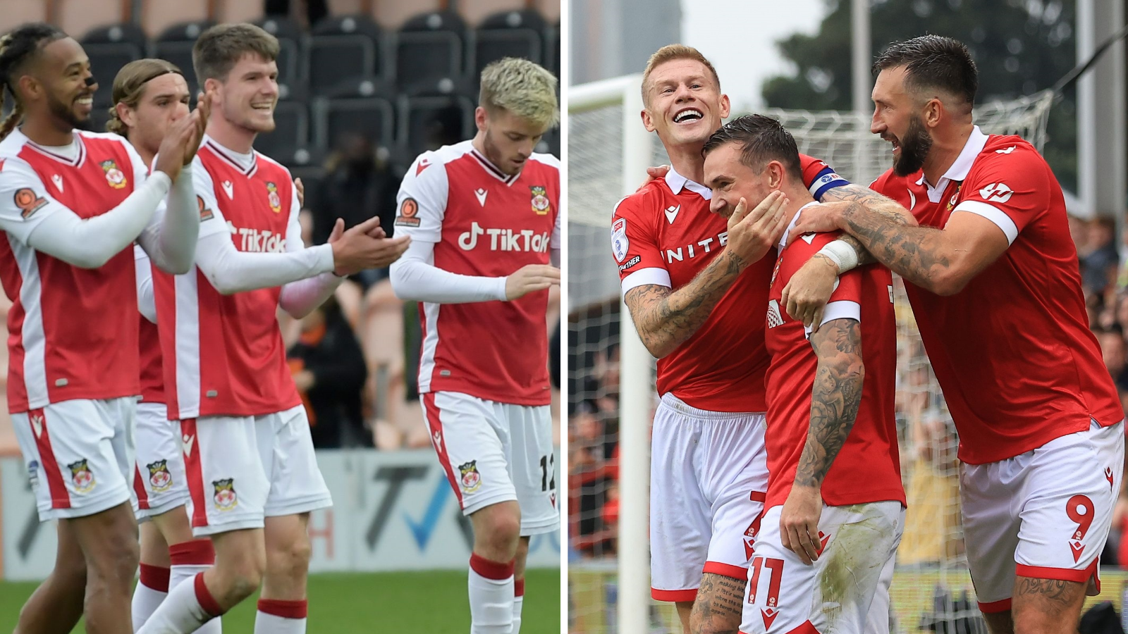 Wrexham players in August 2021 (left) and members of the current 2024-25 season squad on the right celebrating a goal 