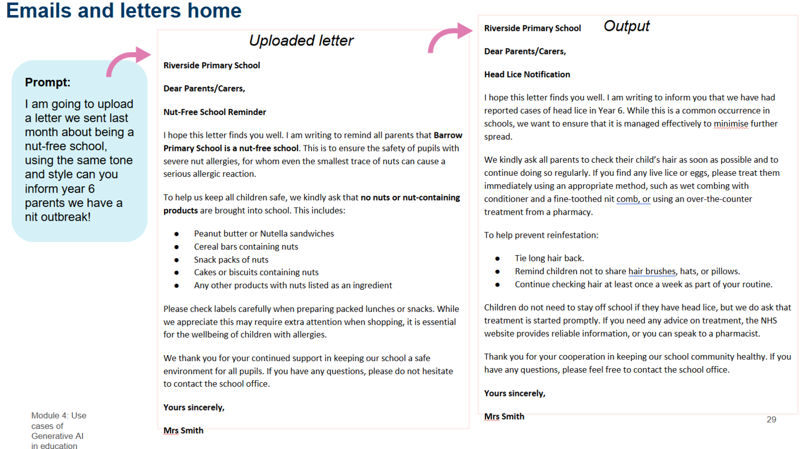 A screenshot of a power point slide. It demonstrates how a teacher could ask AI to generate a letter to parents about a head lice outbreak, based on the tone and style of a previous letter to parents.