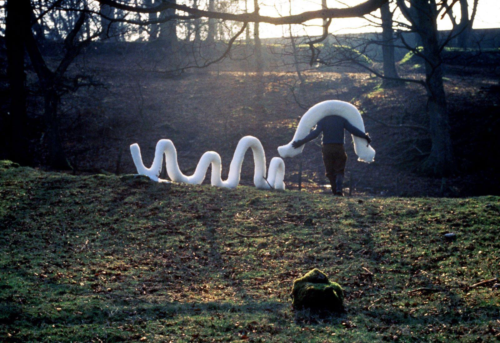 A man stands with a large round piece of ice around his shoulders. Next to a stretch of carved ice in 4 humps. The backdrop is a wooded area with grass in the foreground. The man wears a navy jumper and brown trousers with his back to the camera, showcasing the ice on his shoulders.