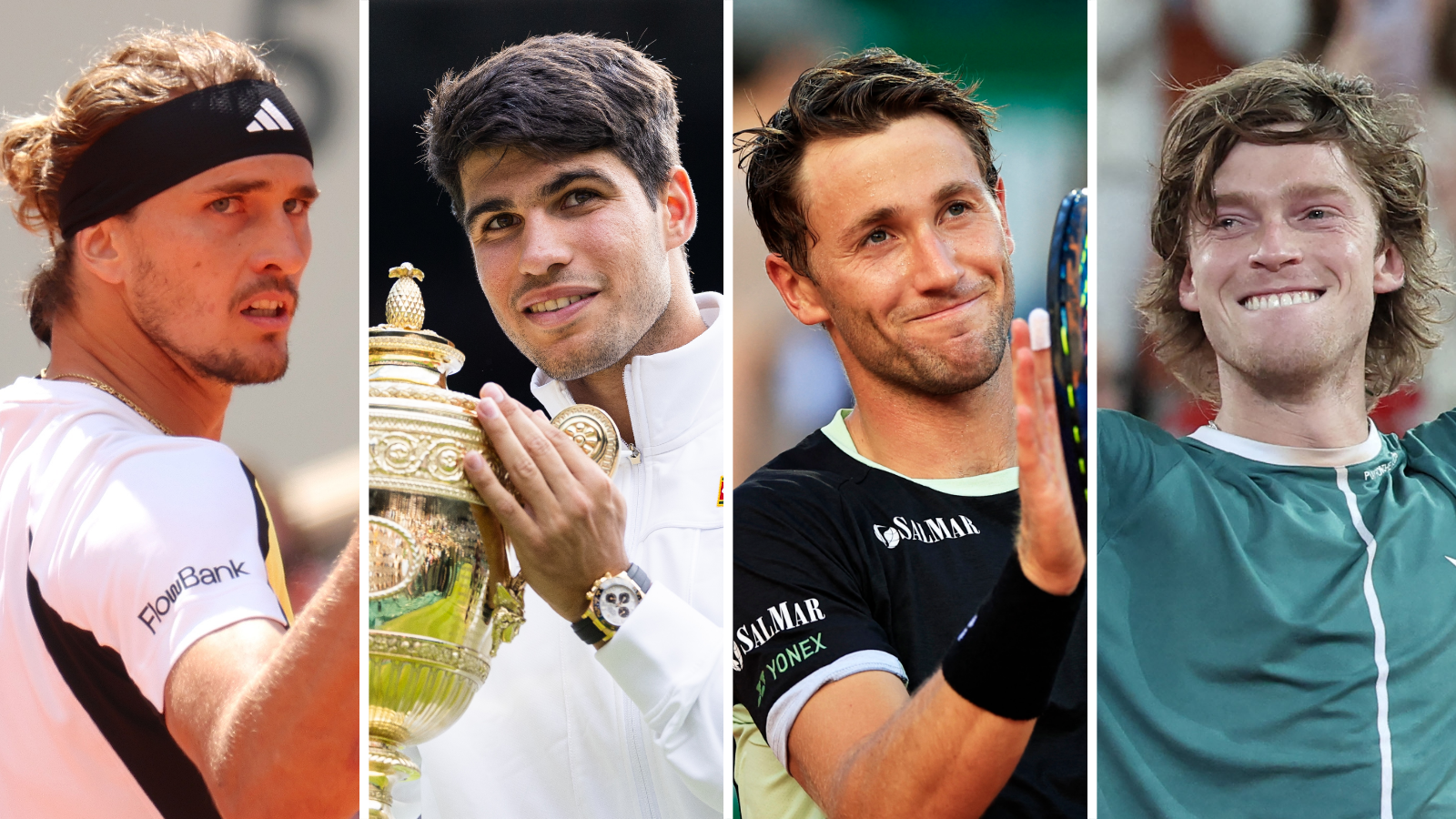 Alexander Zverev, Carlos Alcaraz, Casper Ruud and Andrey Rublev celebrate during matches in 2024