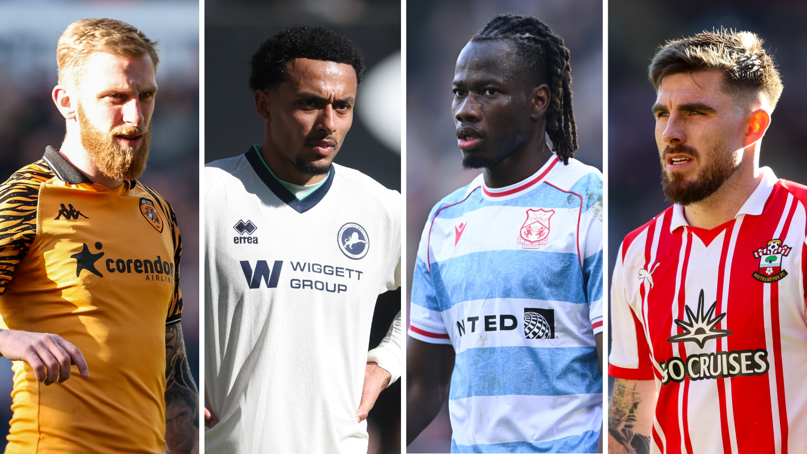 Close-ups of the following football players playing for their club, from left to right; Hull City's Oli McBurnie, Millwall's Femi Azeez, Wrexham's Issa Kabore and Southampton's Ryan Manning