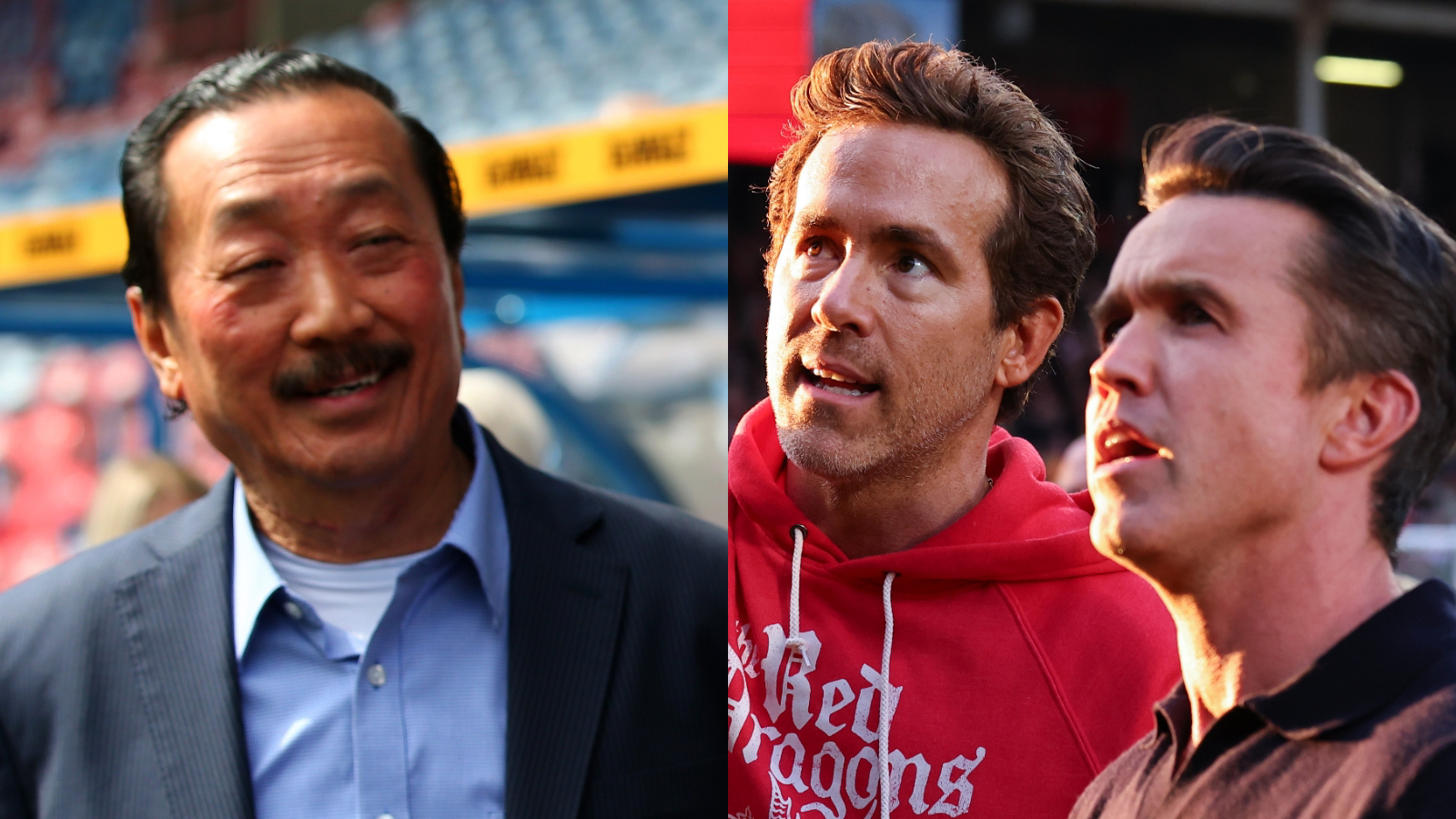 Composite picture of Vincent Tan (left) with Ryan Reynolds and Rob McElhenney on the right