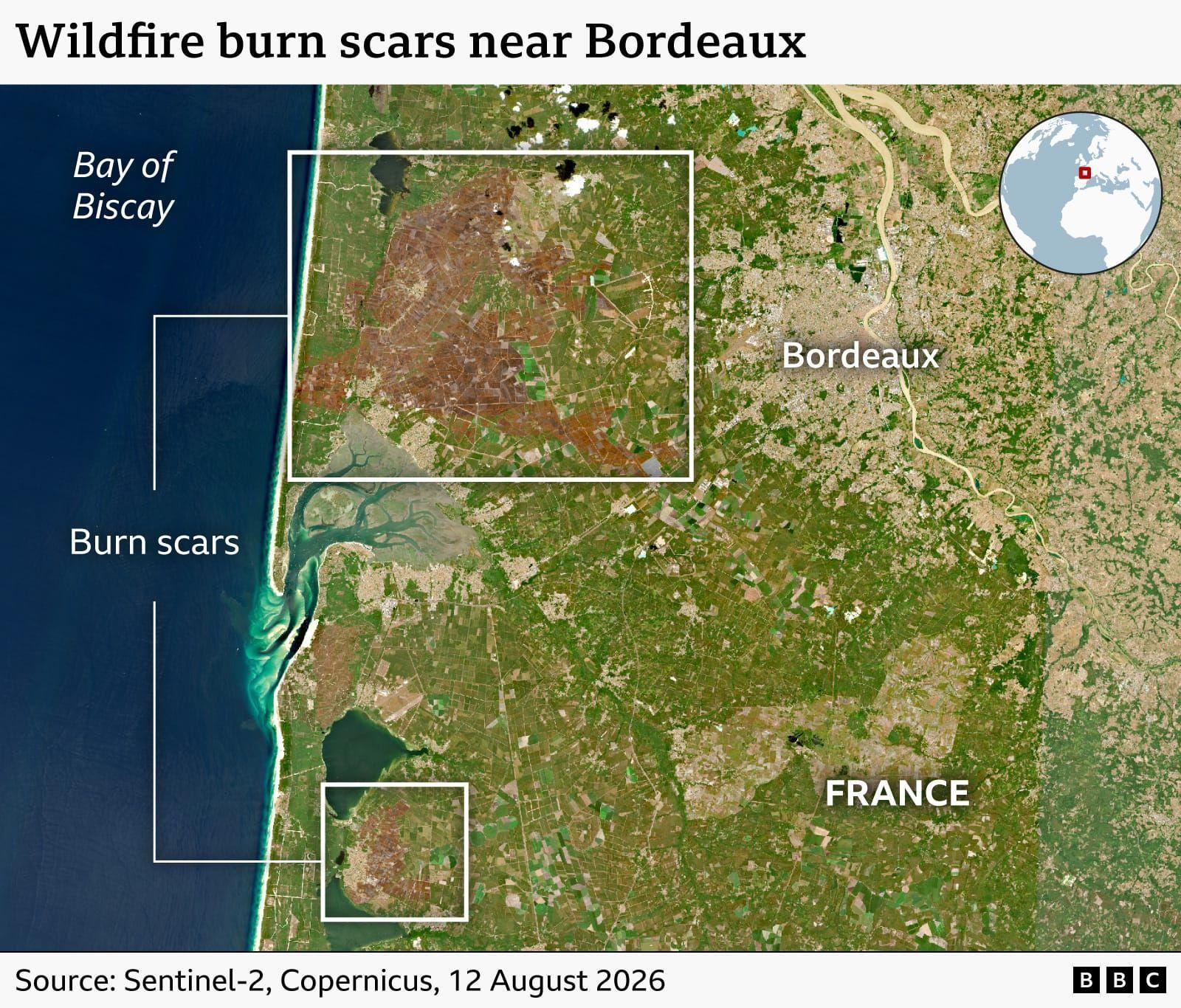A satellite image showing wildfire burn marks across a large area of land in south-western France near Bordeaux