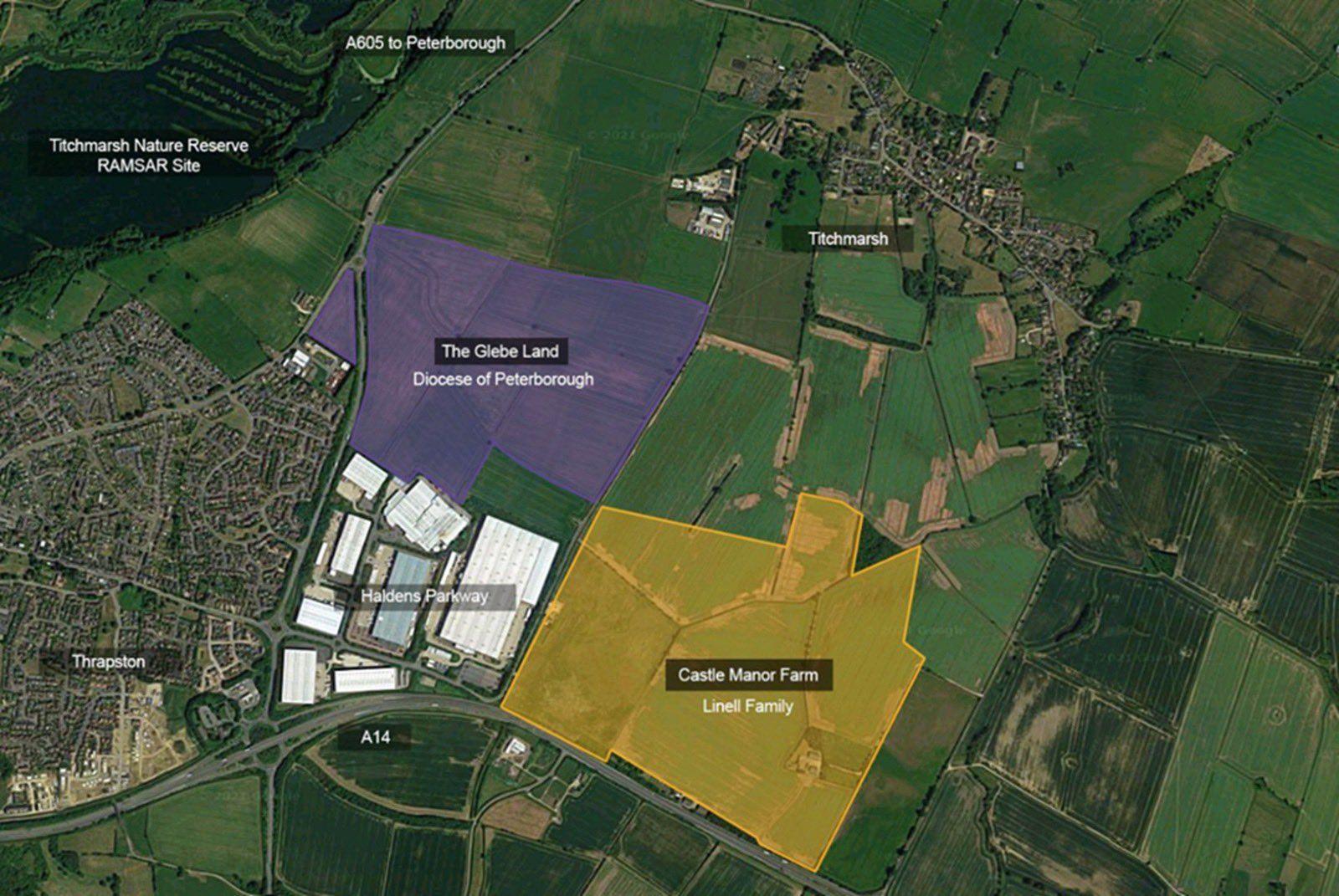 Annotated map showing site of proposed development from the air.