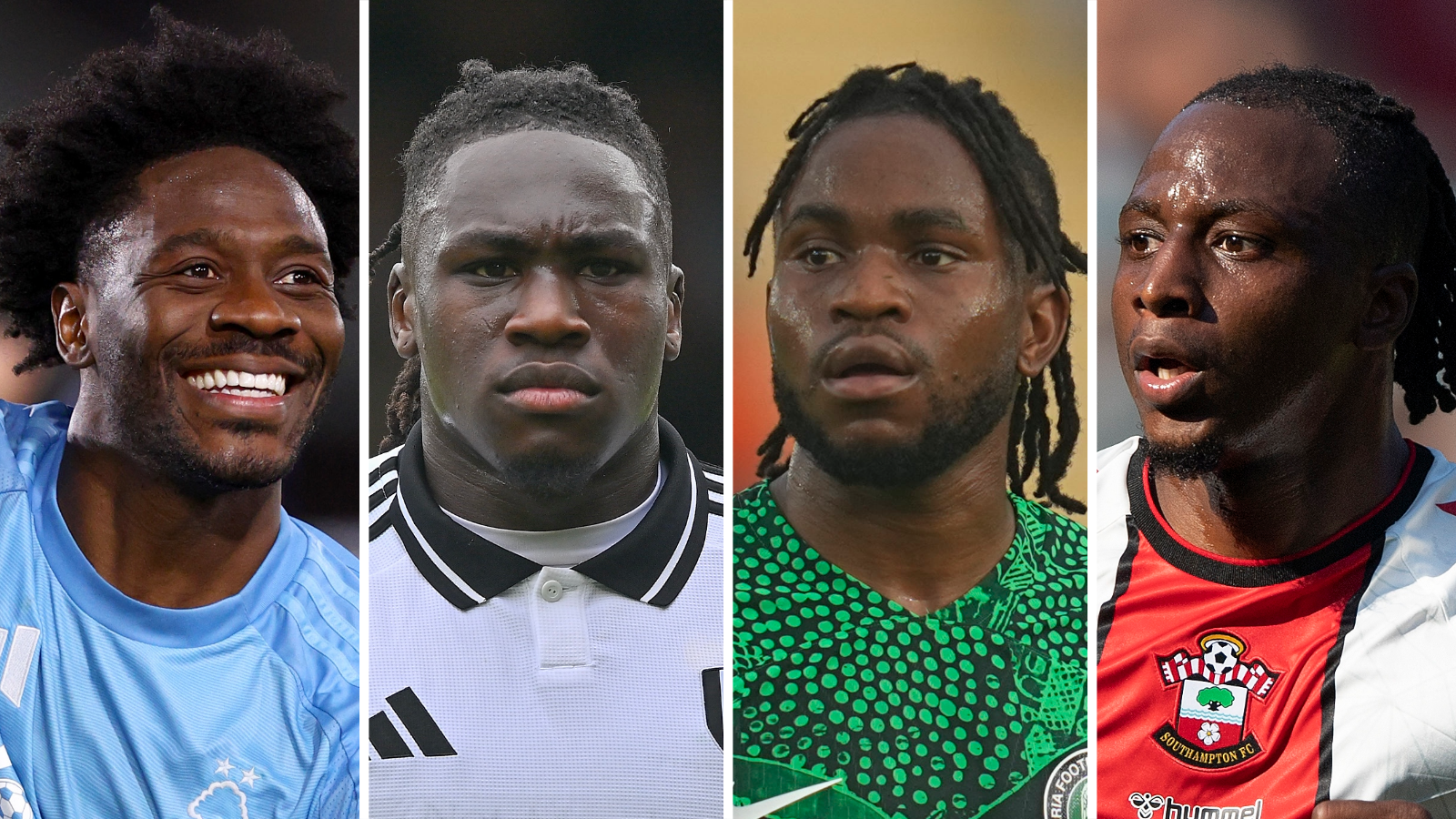 A composite image divided into four vertical columns featuring, from left to right, headshots of Ola Aina, Calvin Bassey, Ademola Lookman and Joe Aribo, all in action during various football matches. Aina is seen in a sky blue Nottingham Forest top, Bassey in a white and black Fulham shirt, Lookman wearing a green Nigeria jersey and Aribo in the red and white of Southampton