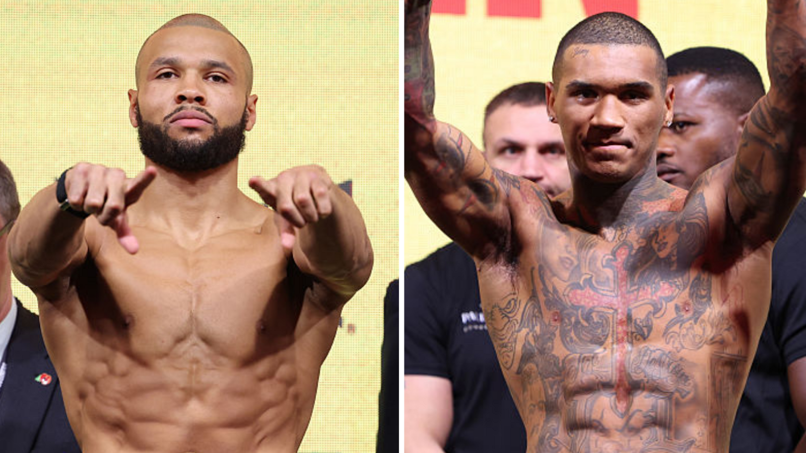 Chris Eubank Jr (left) holds out his arms and points his fingers and Conor Benn (right) holds his arms up in the air