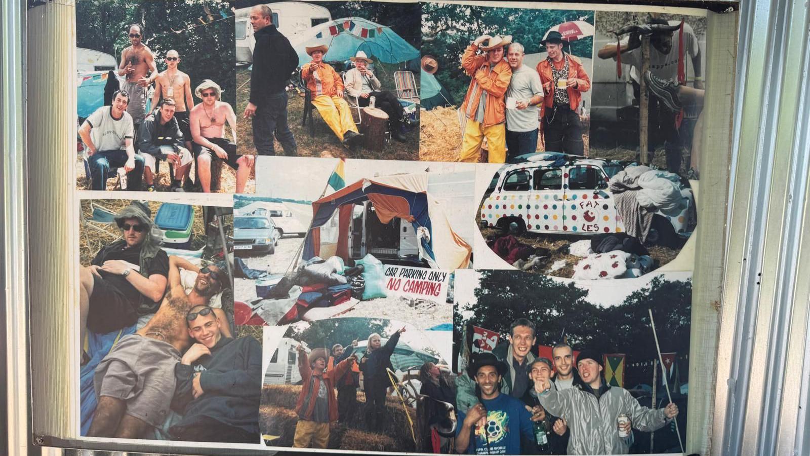 Old photographs of Joe Strummer and his friends at Glastonbury Festival, which have been made into a poster near Strummerville stage.