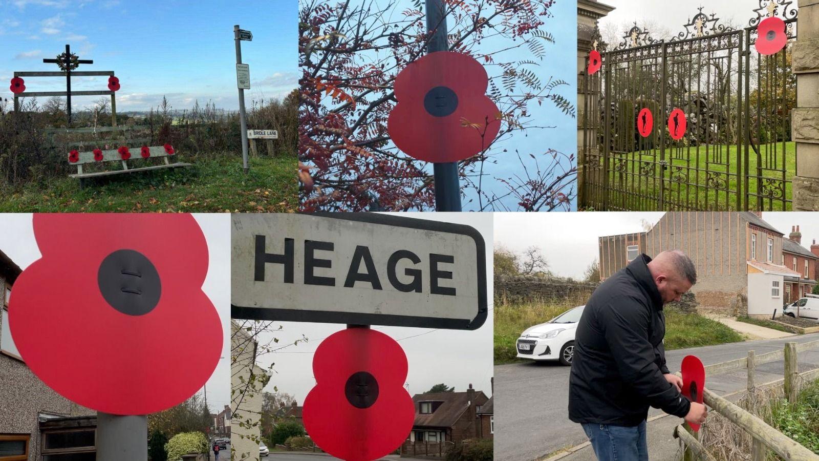 A collage of six pictures all depicting poppies attached to signs and lamp-posts around Heage