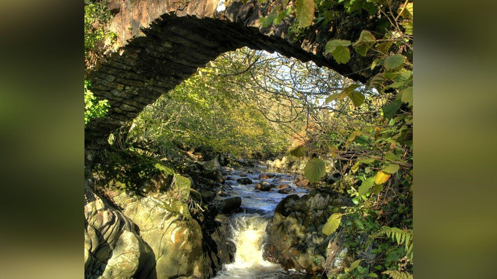 A general view of the river Calder flowing under a stone bridge. The small stream is surrounded by rocks and greenery.