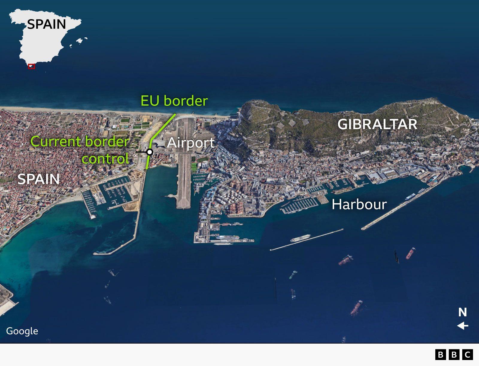A map showing Gibraltar and its current border with Spain