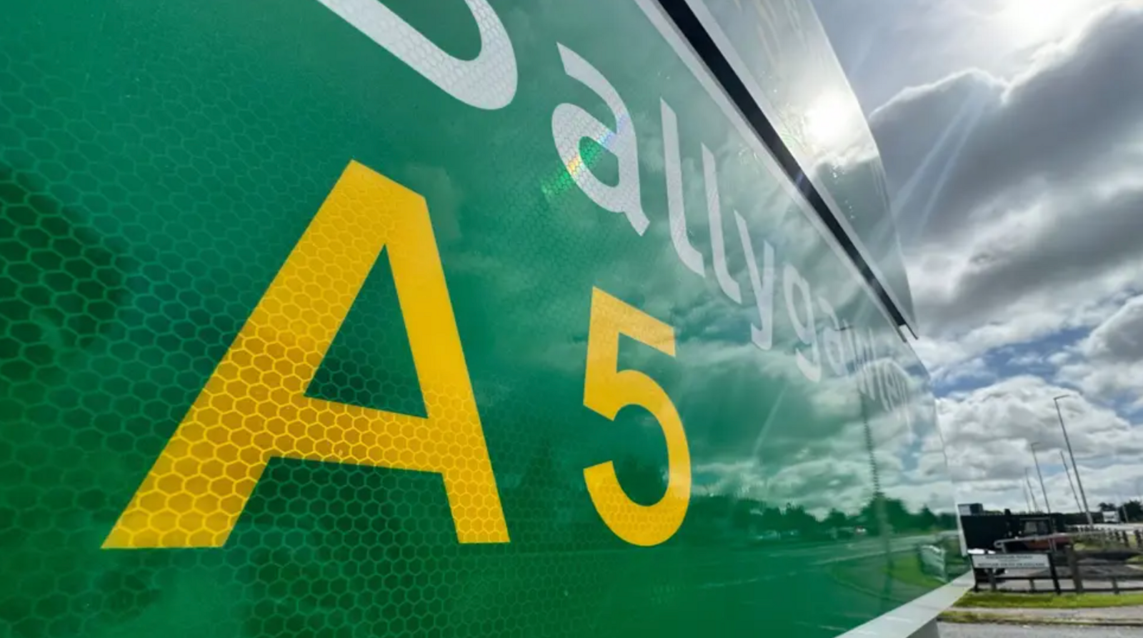 A sign showing the A5 on it - it's green with A5 in yellow and Ballygawley in white 