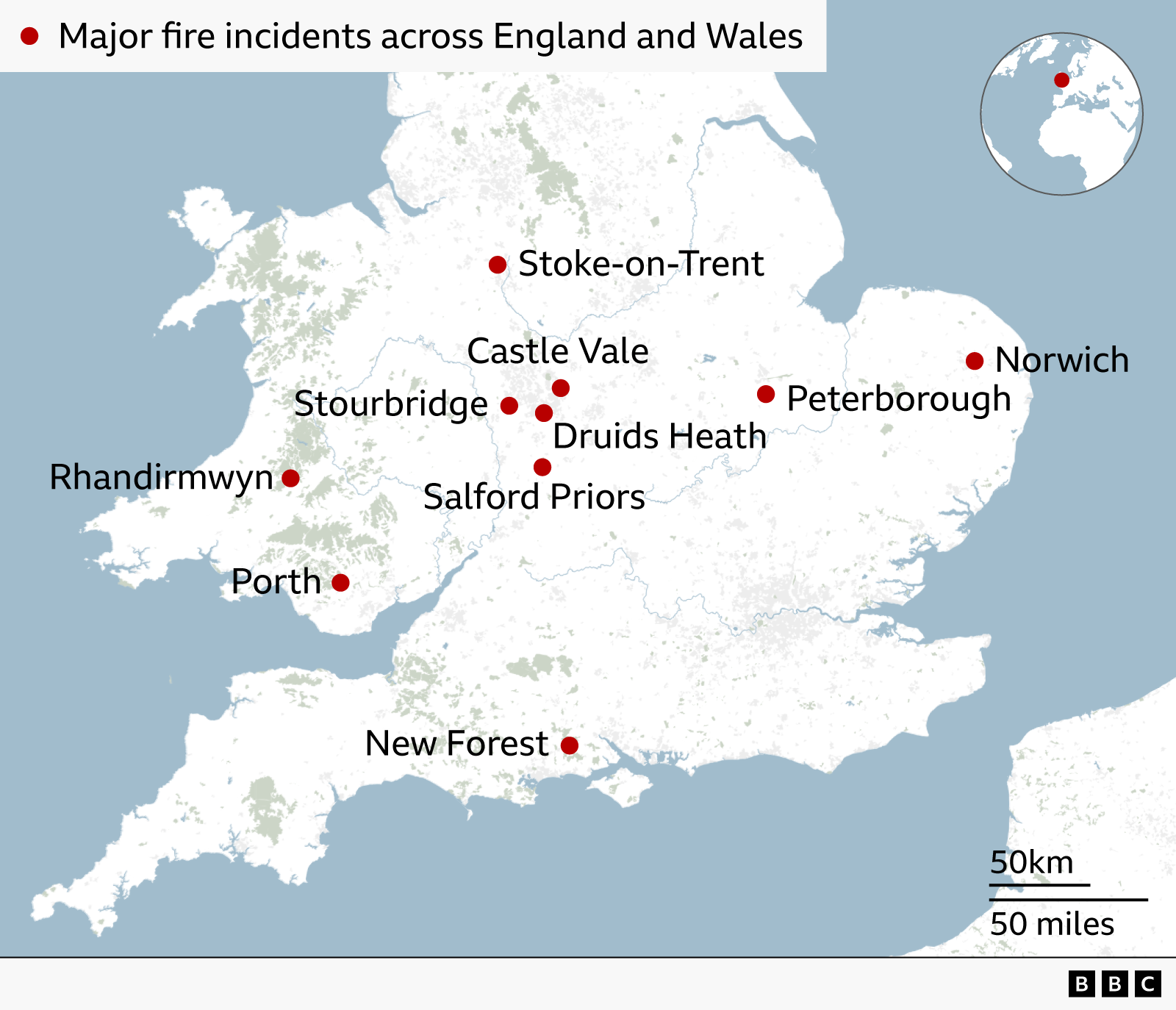 A map showing locations in England and Wales where there have been major fire incidents this week