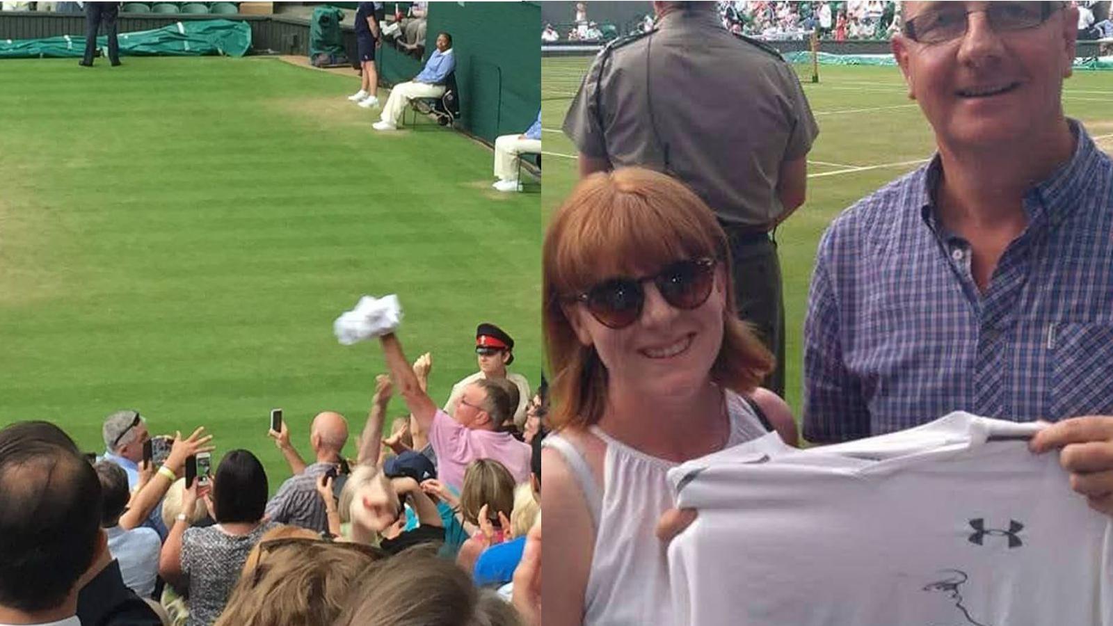 In one picture Kev is seen catching the shirt as Andy Murray walks off Centre Court. In the second Kev is pictured in the seats holding the shirt 