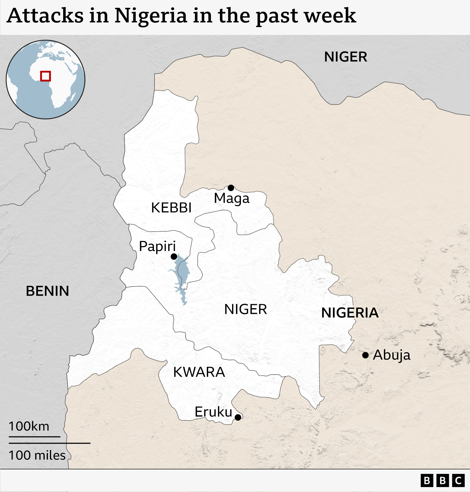 A map of Nigeria showing where last week's attacks have taken place - they are all in the west, from north-west, to south-west