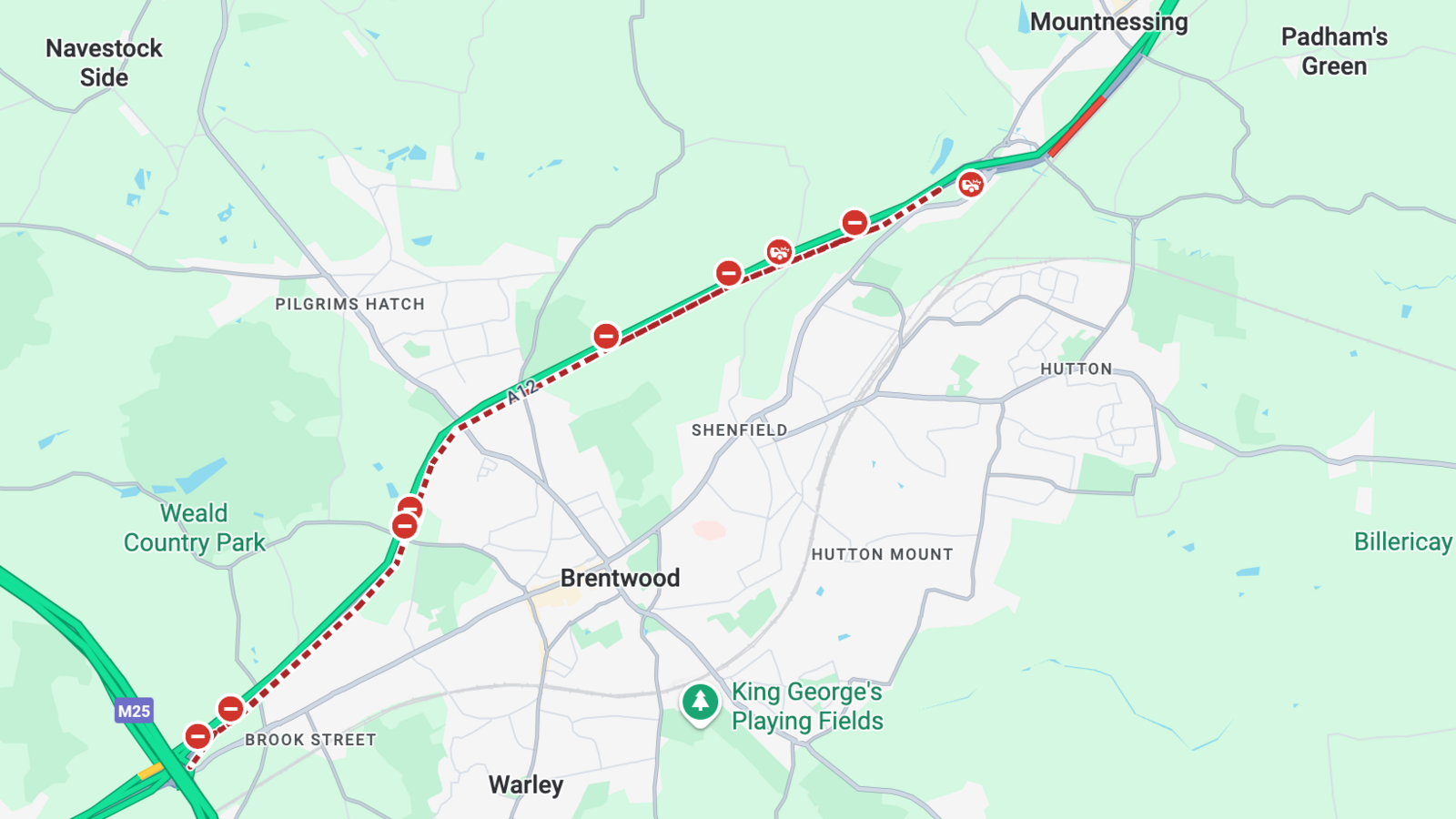 A Google Map showing a closure on the southbound A12