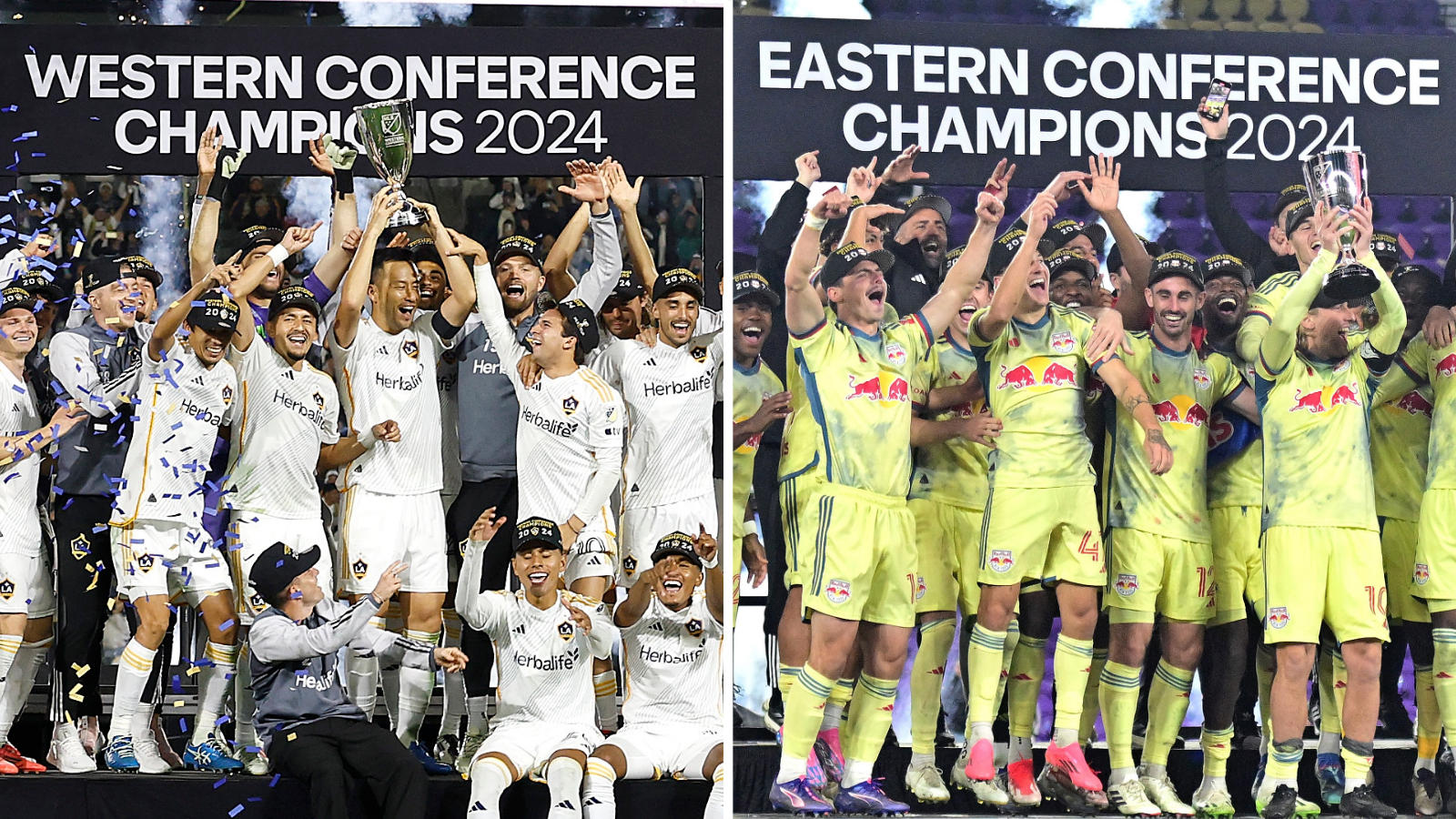 Composite image of LA Galaxy celebrating winning the Western Conference and New York Red Bulls celebrating winning the Eastern Conference.