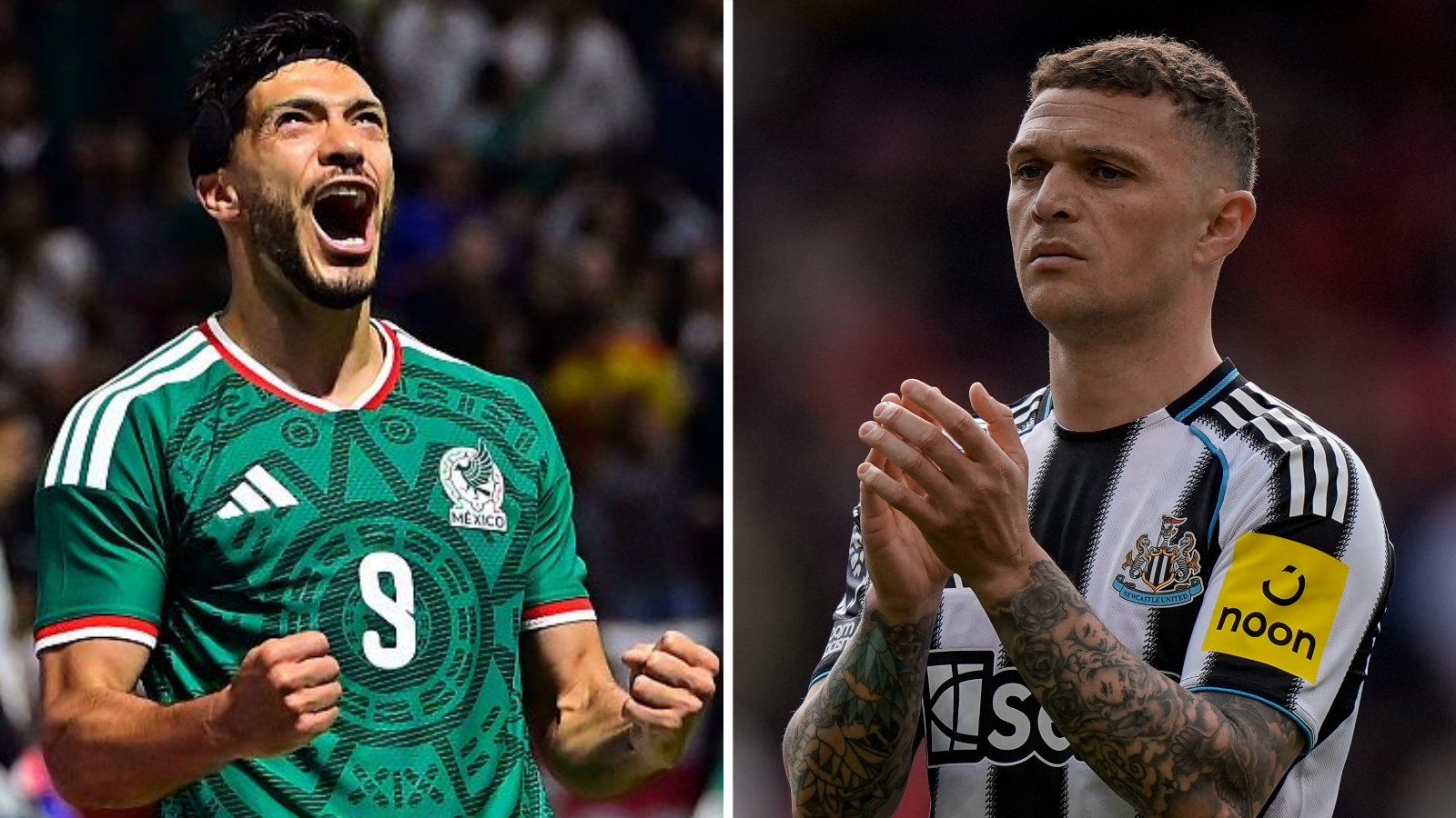 A split graphic of Raul Jimenez and Kieran Trippier