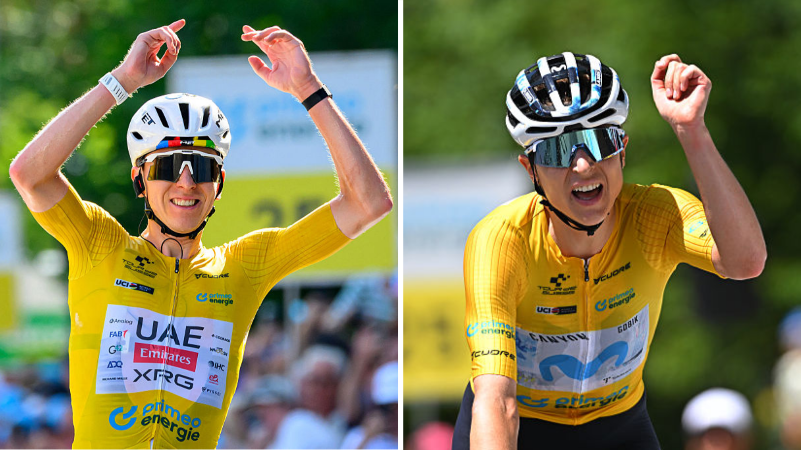 Split image of race leaders Tadej Pogacar and Marlen Reusser winning the final stage of their respective Tour de Suisse races in 2026

