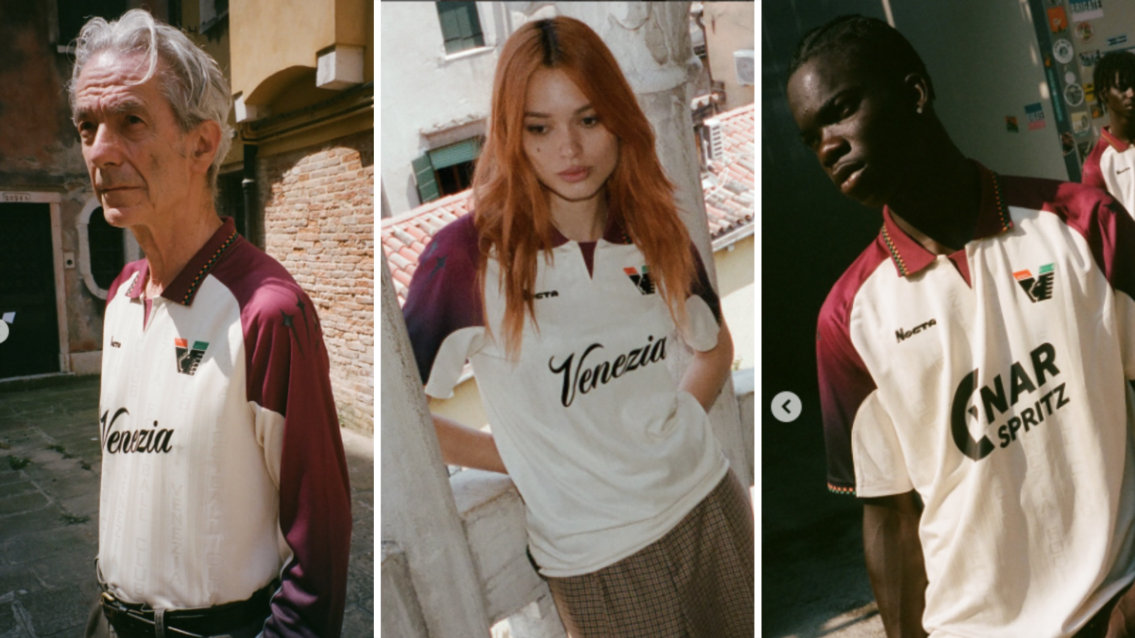 Models including Architect Renato Rizzi (left) and artist Solange Smith (middle) wear new Venezia away shirt. 