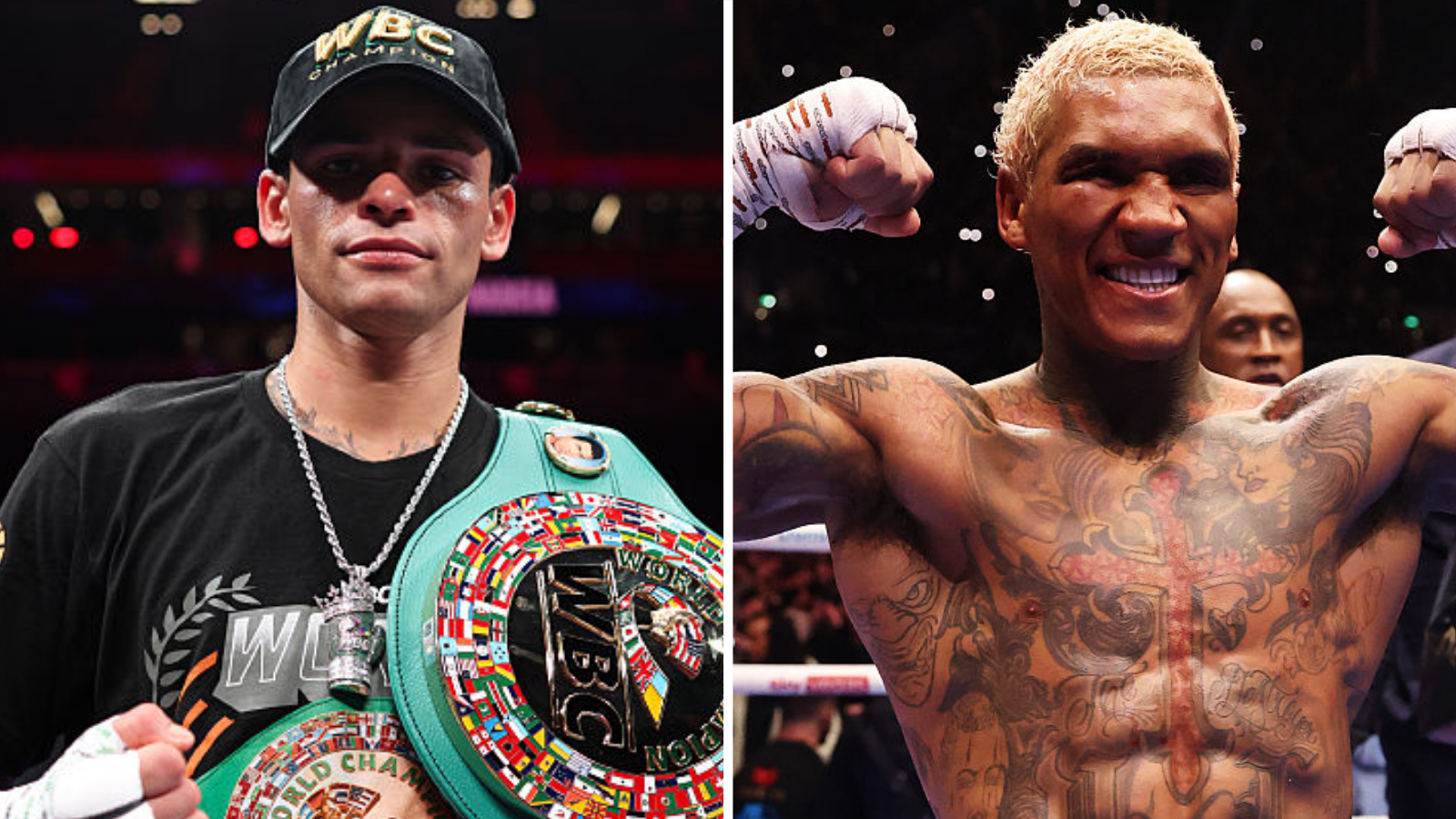 A split picture of Ryan Garcia (wearing a black T-shirt and cap, with the WBC welterweight title over his shoulder) and a shirtless Conor Benn celebrating