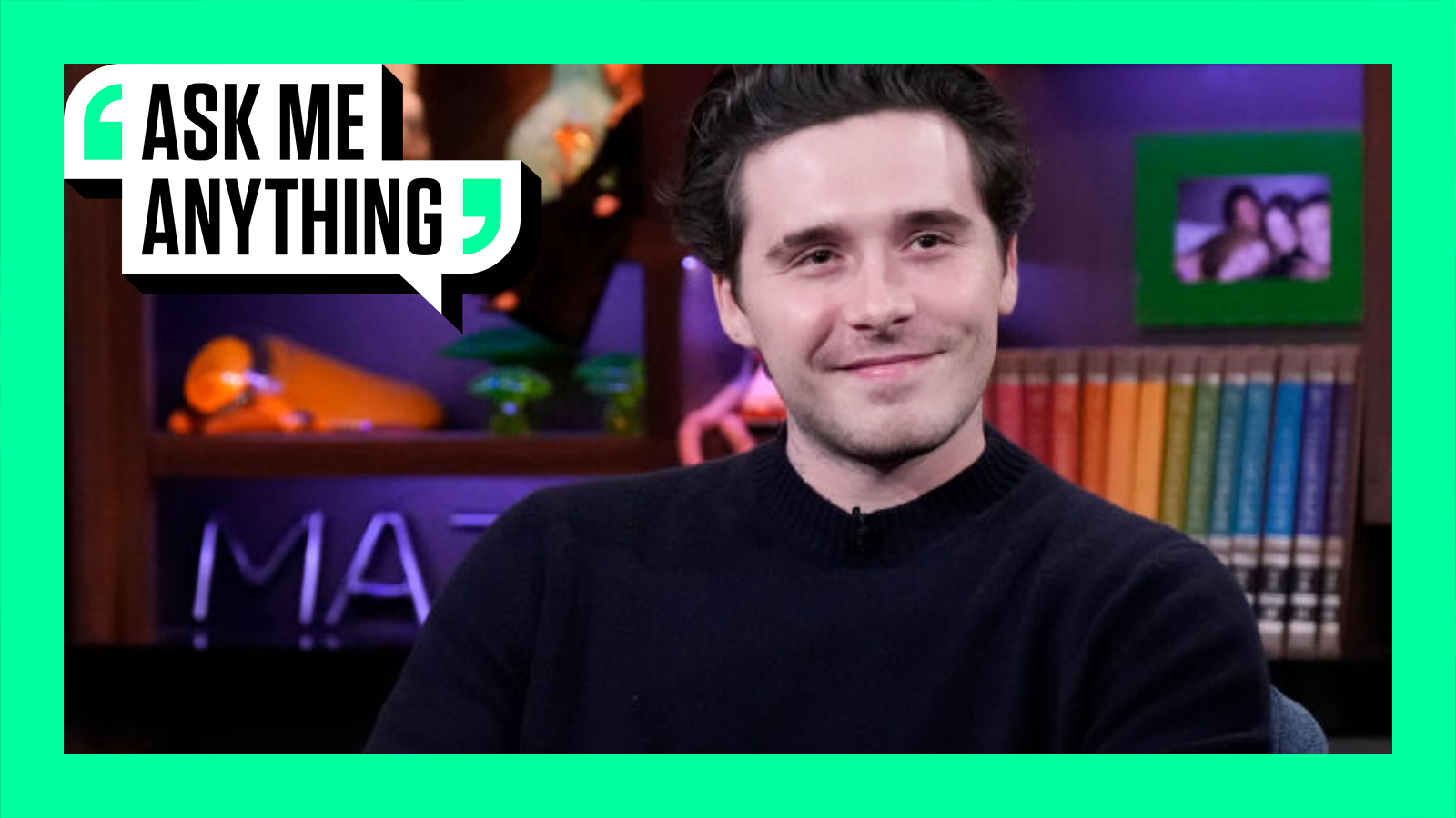 Brooklyn Beckham smiles with an Ask Me Anything border around him