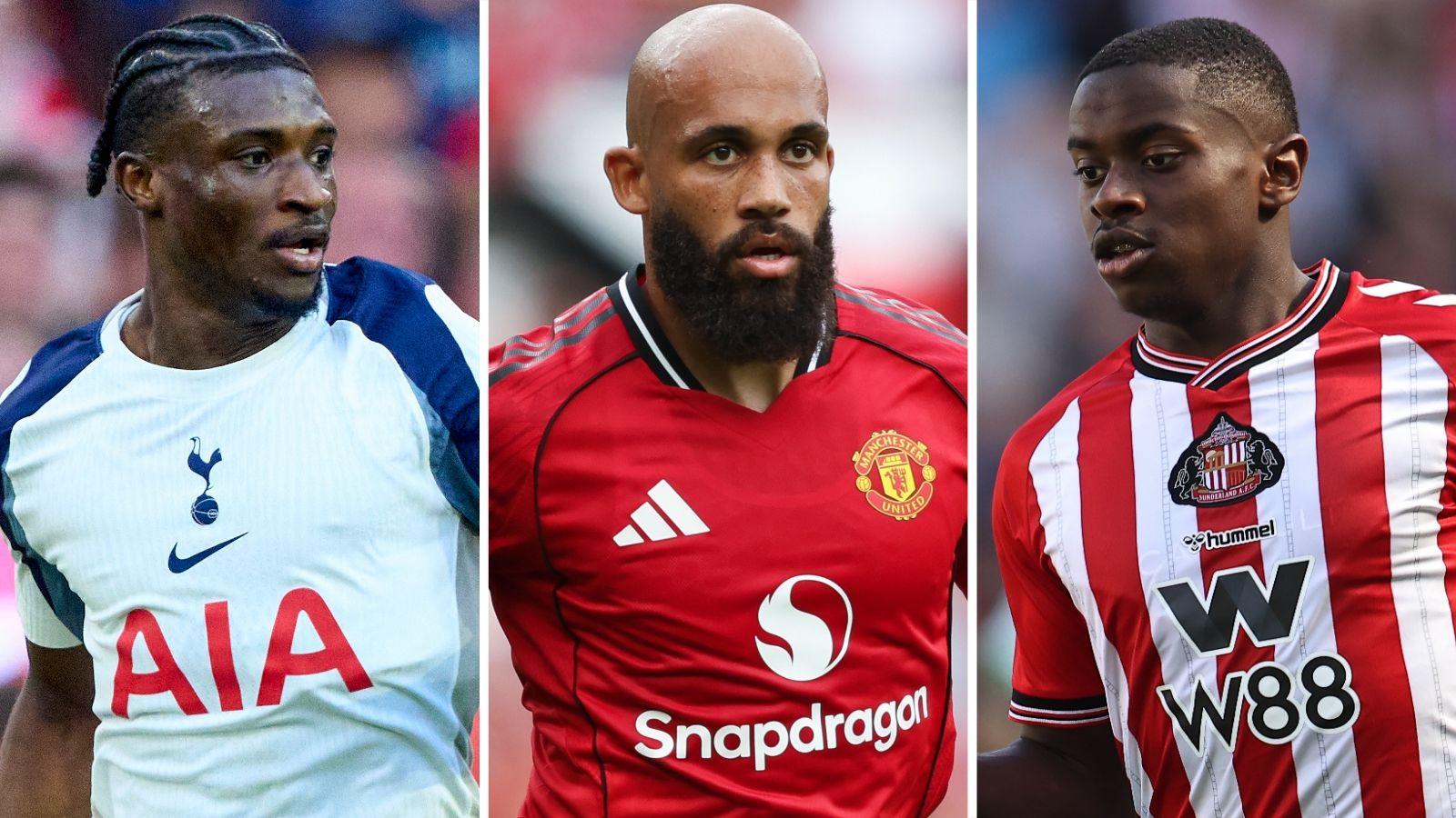 A triptych split into three vertical columns showing Mohammed Kudus, Bryan Mbeumo and Habib Diarra in action for Tottenham Hotspur, Manchester United and Sunderland respectively. Kudus wears a white shirt, Mbeumo in red, and Diarra in red and white vertical stripes