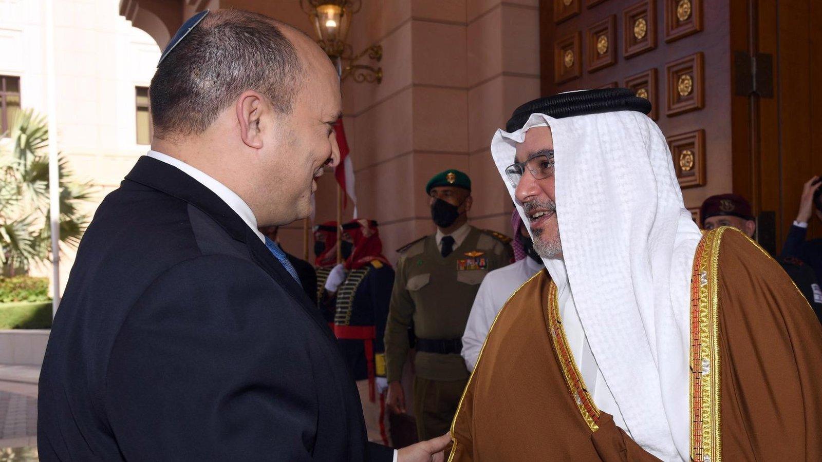 Israeli Prime Minister Naftali Bennett (L) meets Bahrain's Crown Prince Salman bin Hamad Al Khalifa in Manama, Bahrain (15 February 2022)