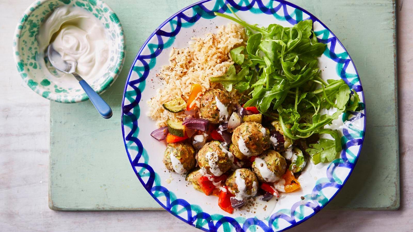 Turkey meatballs with roasted veg and brown rice
