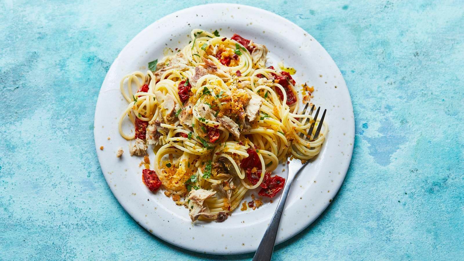 Tinned mackerel spaghetti with lemon chilli breadcrumbs