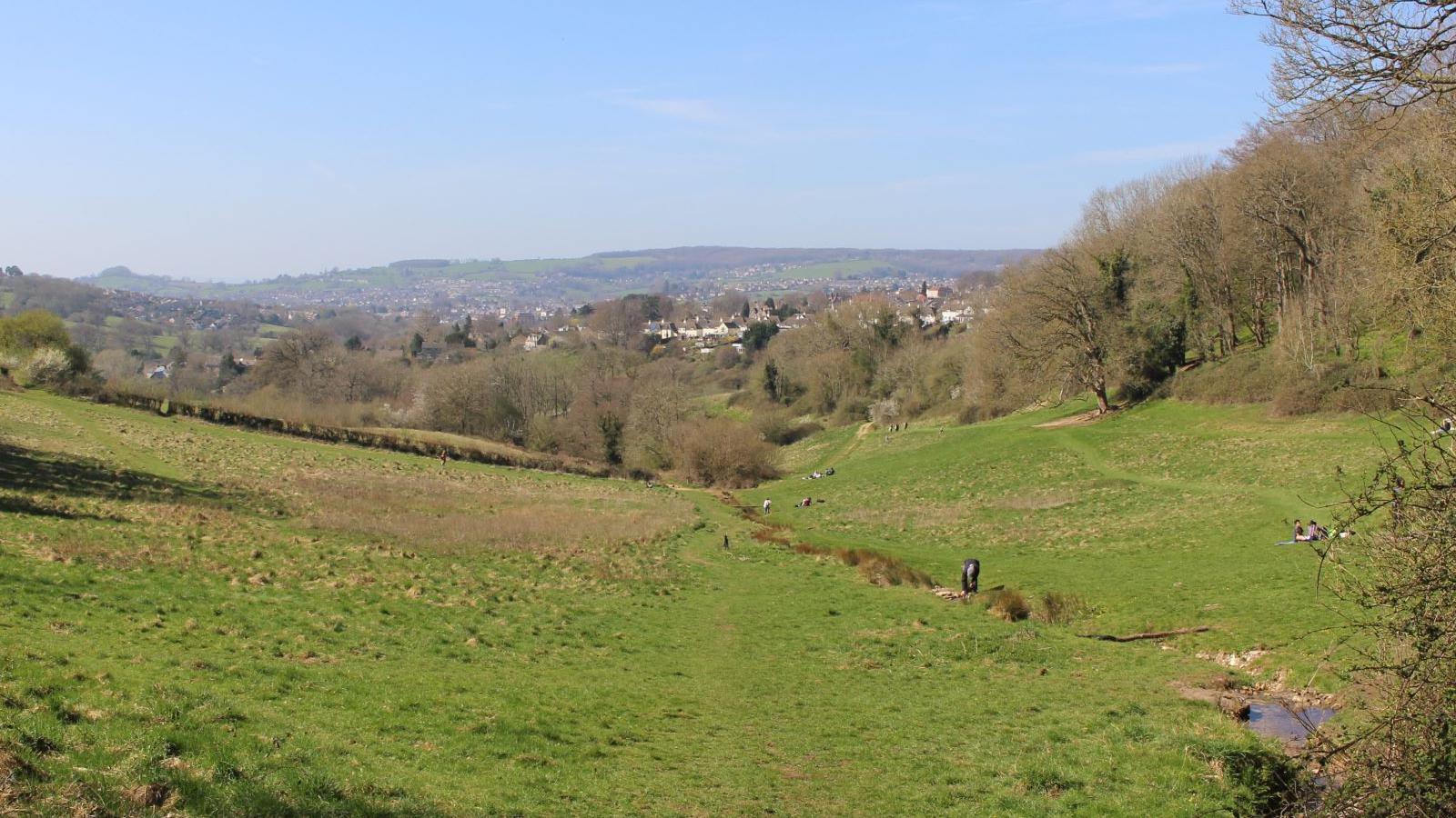 Image shows sloping valley at the Heavens, on a sunny day, with trees at the sides with no leaves.