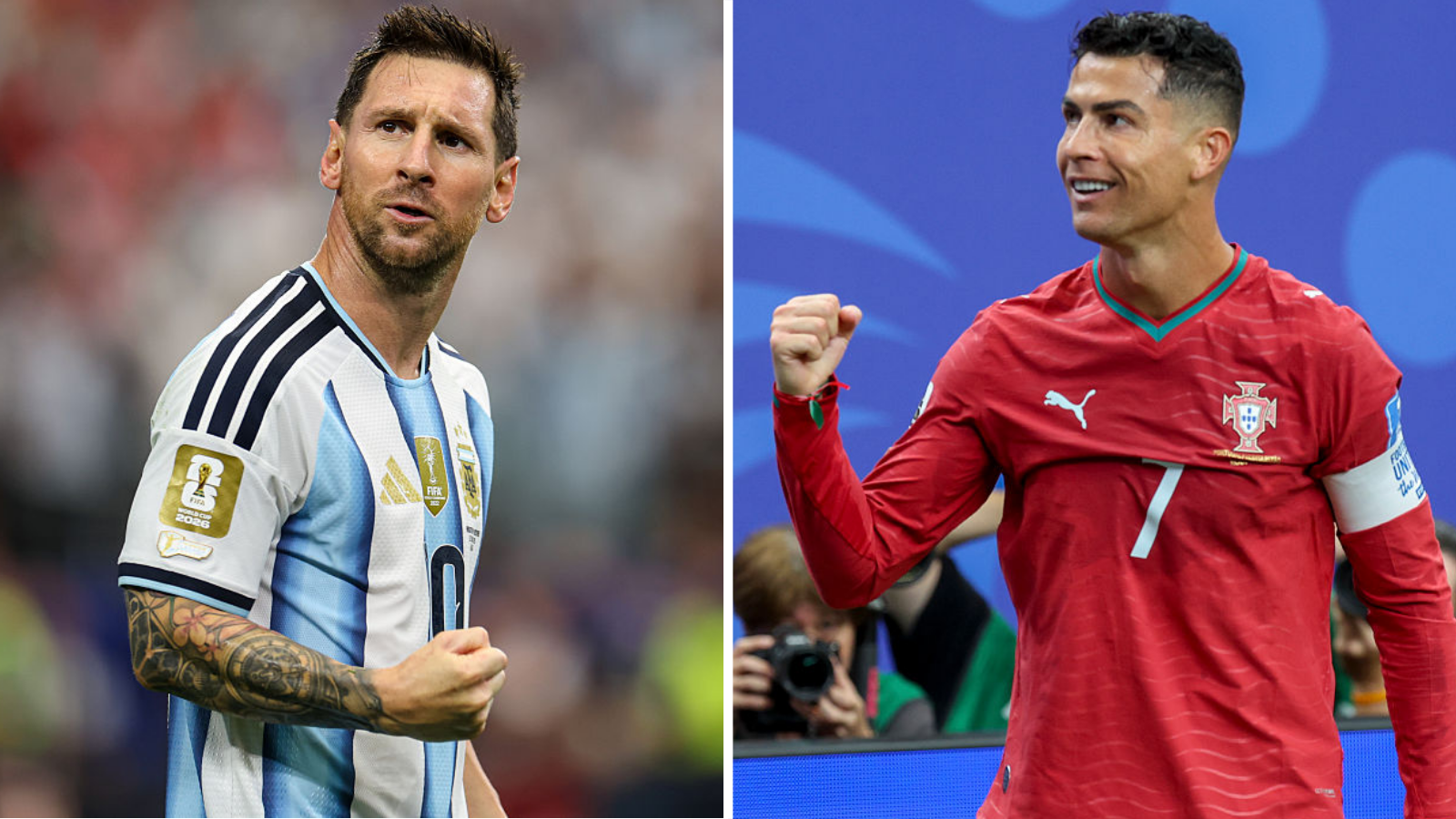 Lionel Messi (left) and Cristiano Ronaldo (right) celebrate goals at the World Cup