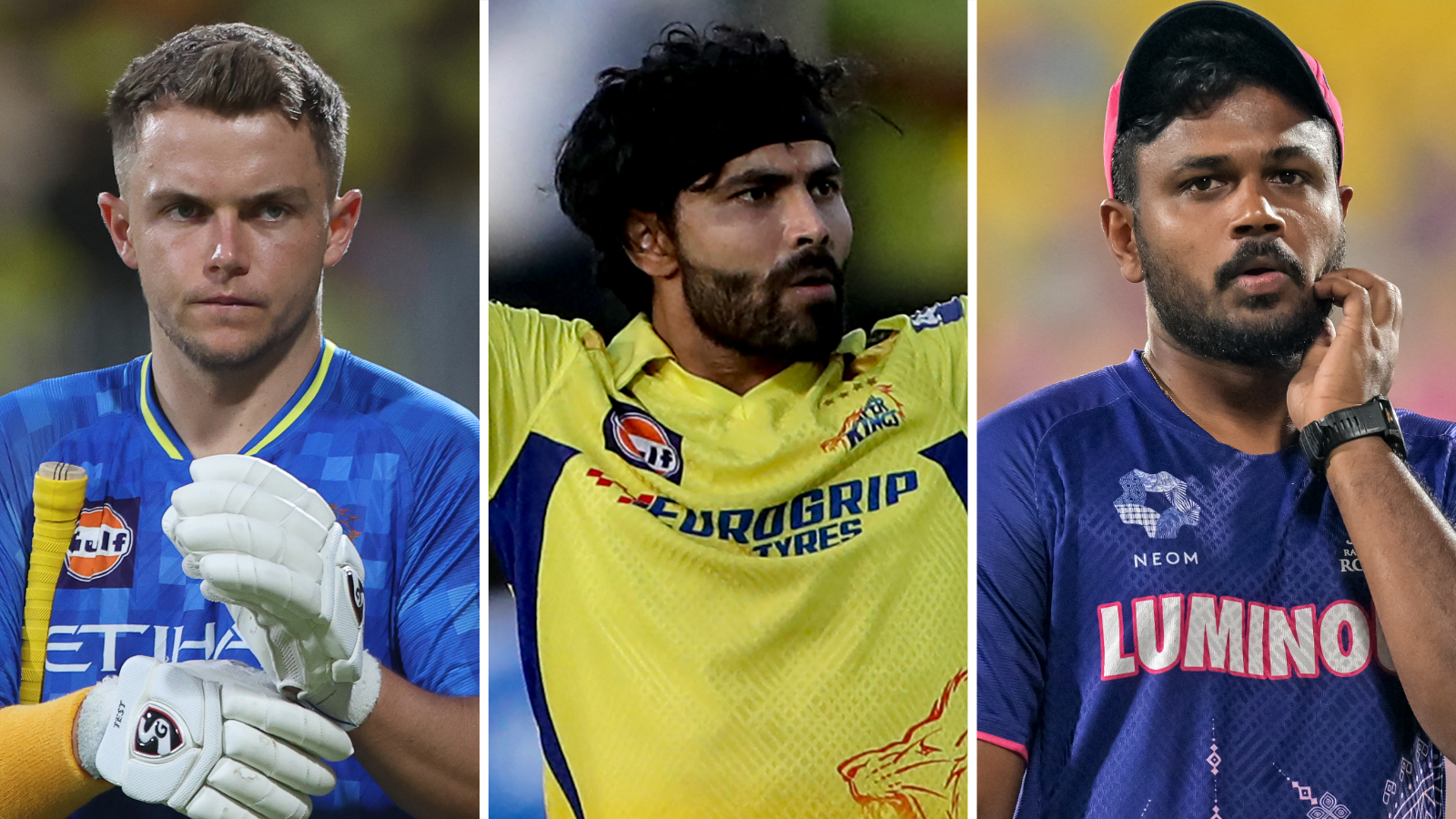 Split graphic of Sam Curran, Ravindra Jadeja and Sanju Samson