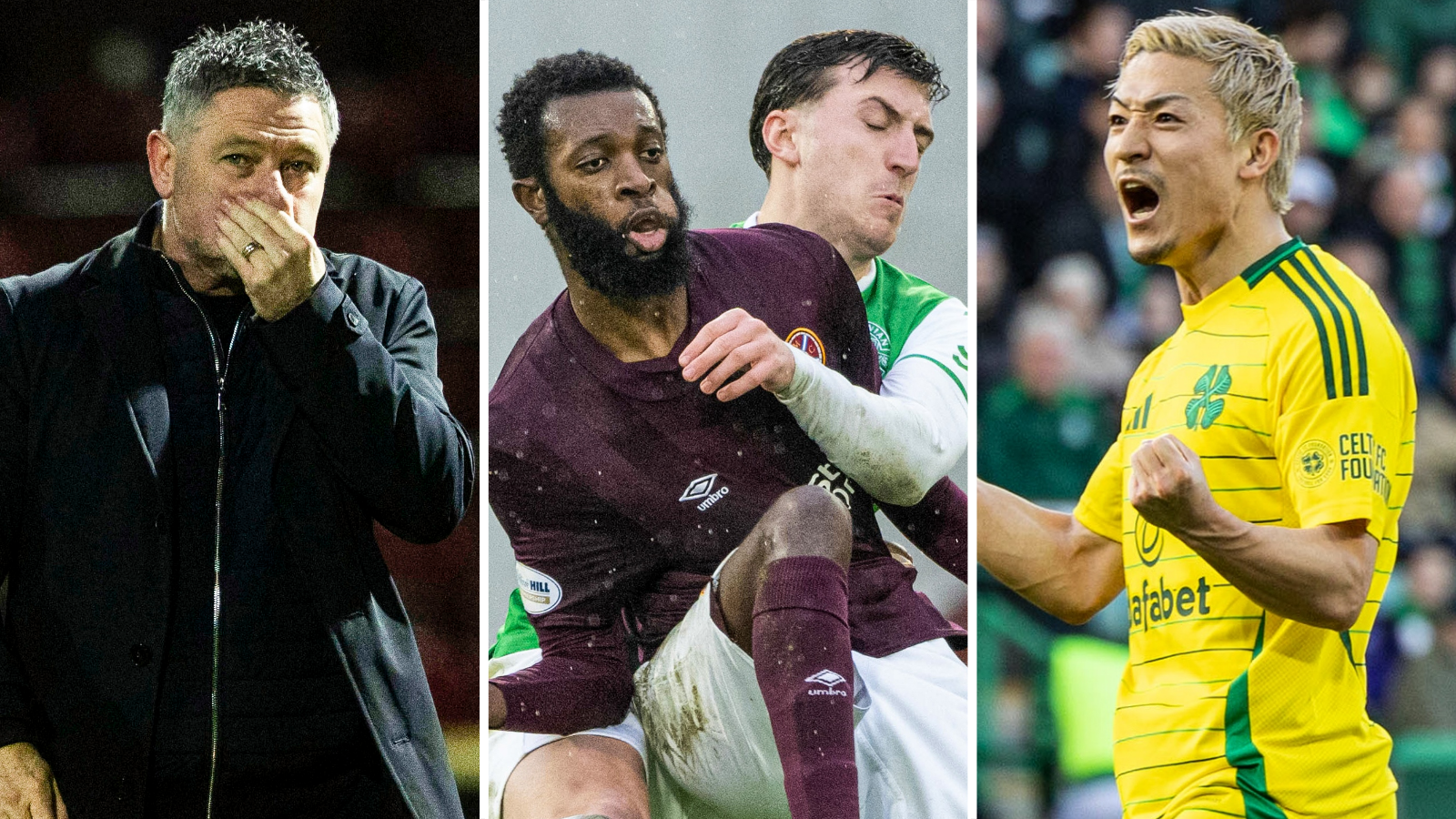 Dundee manager Tony Docherty, Hearts' Beni Baningime is challenged by Hibernian's Josh Campbell, and Celtic striker Daizen Maeda