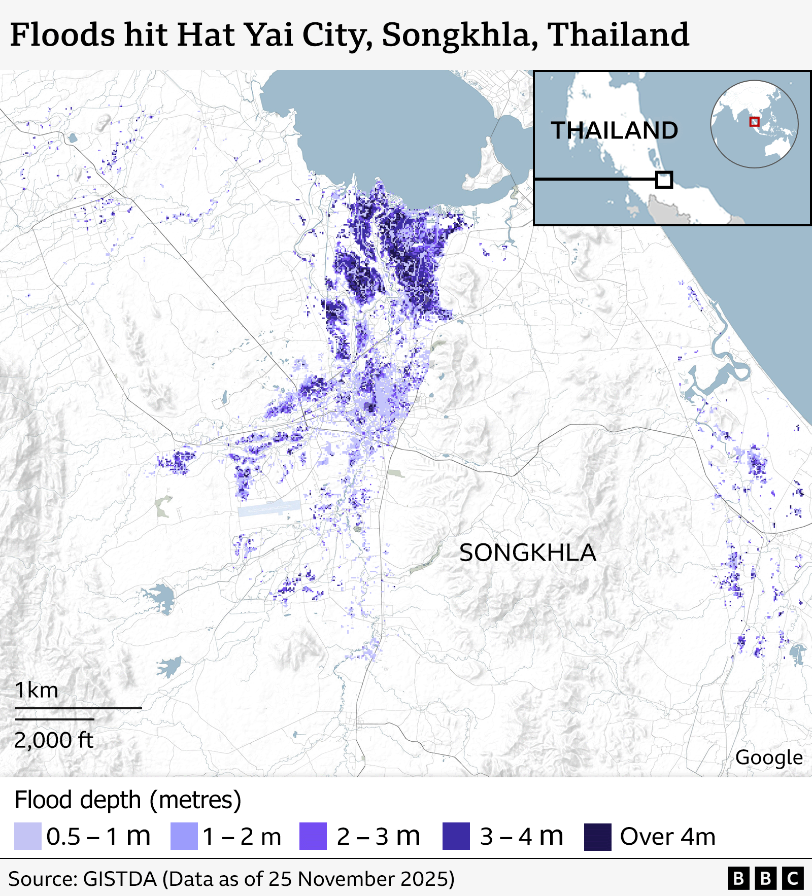 BBC map showing floods around Hat Yai in Thailand
