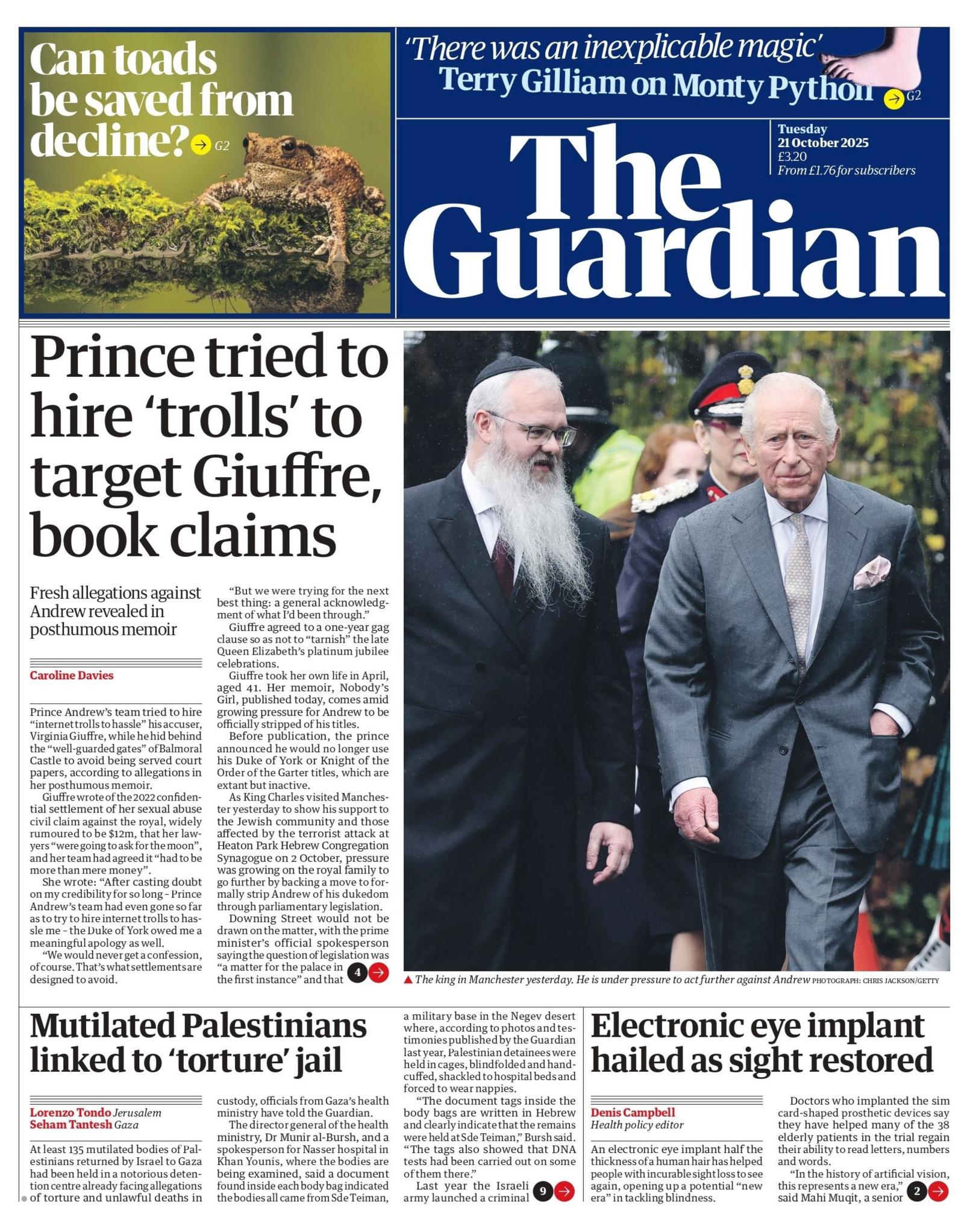 "Prince tried to hire 'trolls' to target Giuffre, book claims" reads the headline on the front page of The Guardian.