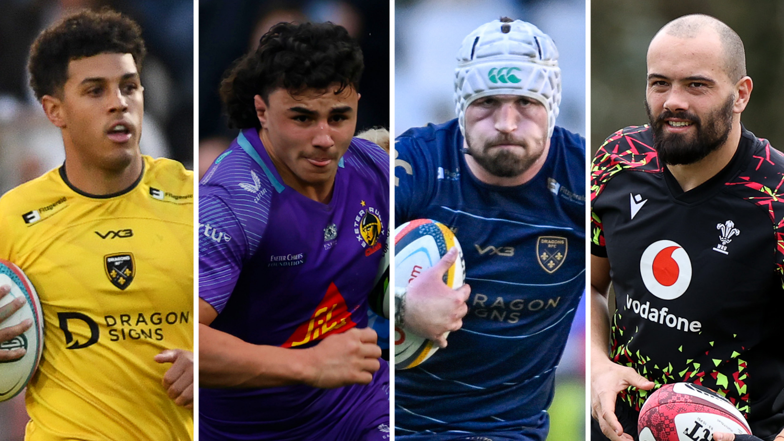 Rio Dyer playing for Dragons, Kane James of Exeter Chiefs, Dragons' Harrison Keddie and Josh Macleod in Wales training kit.