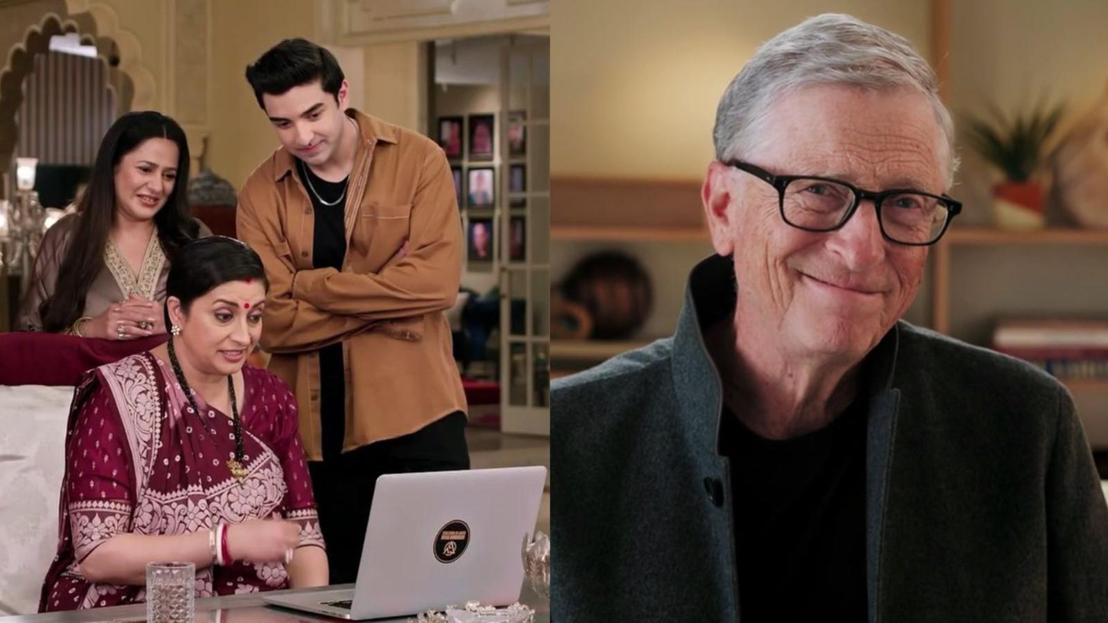 Split screen picture of Bill Gates and Smriti Irani in Indian TV drama Kyunki Saas Bhi Kabhi Bahu Thi