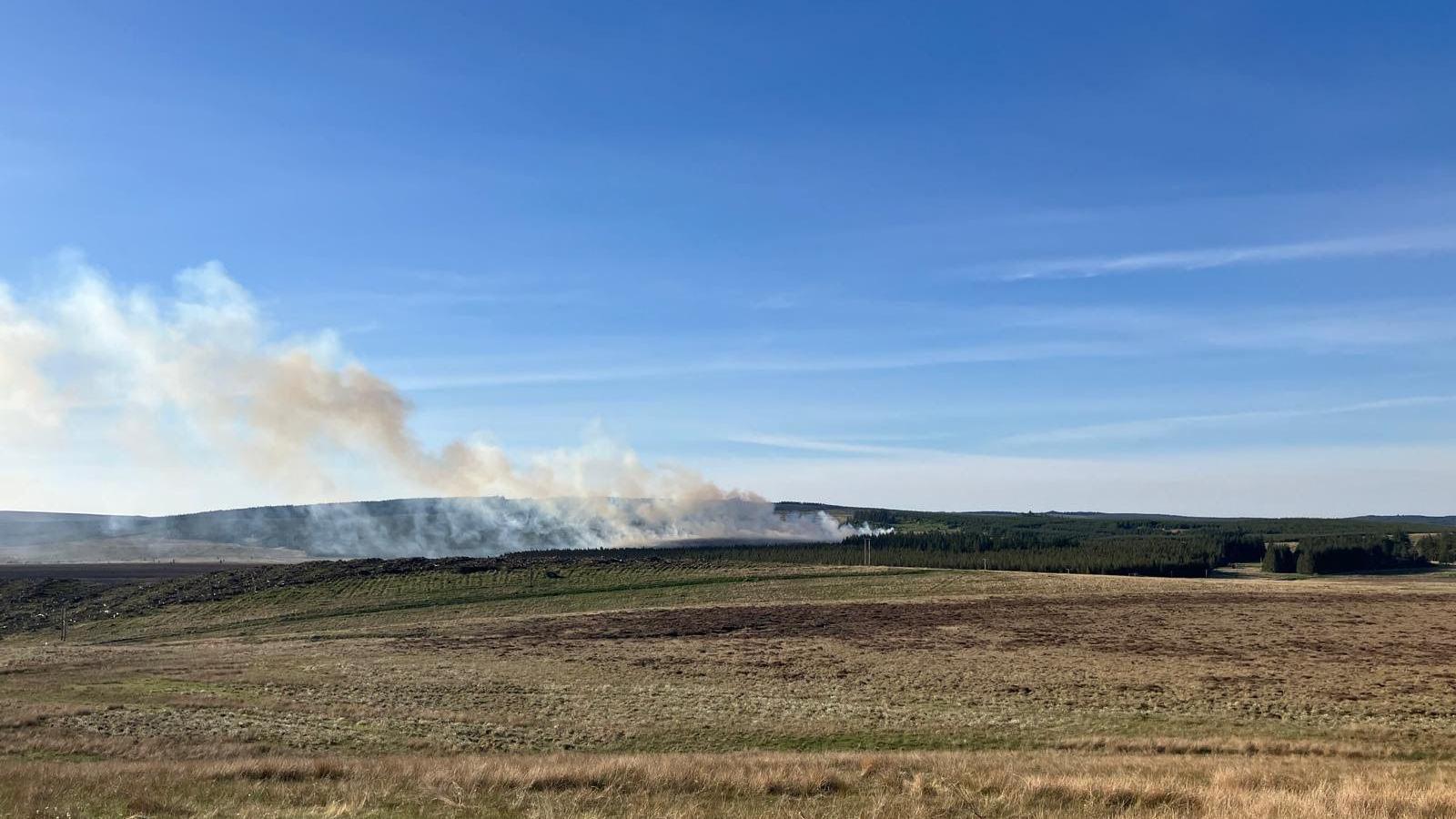Plumes of white smoke billow from a forest. There are fields in the foreground.