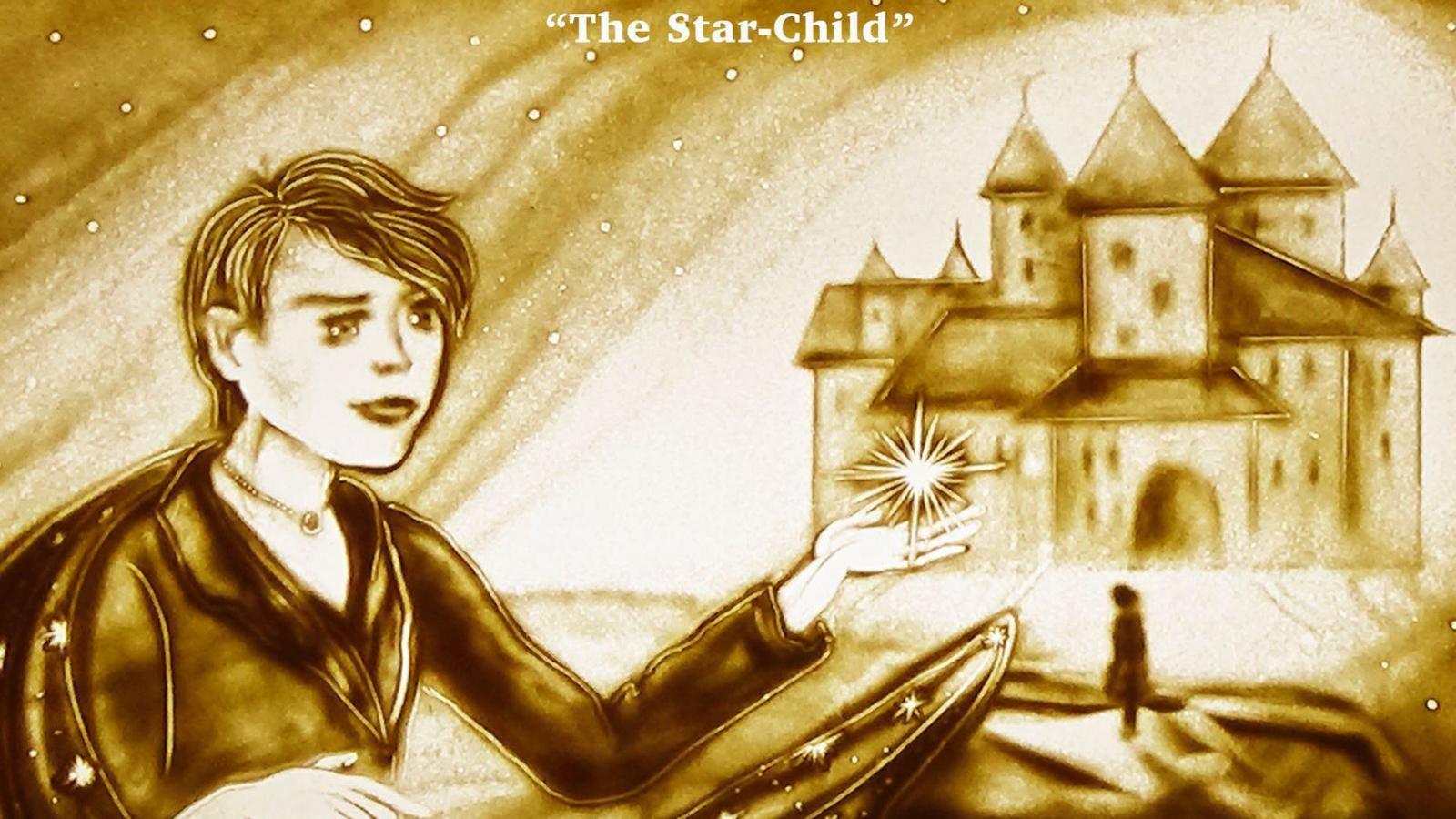 A boy holding a star in his outstretched hand with a fairytale-type palace in the background