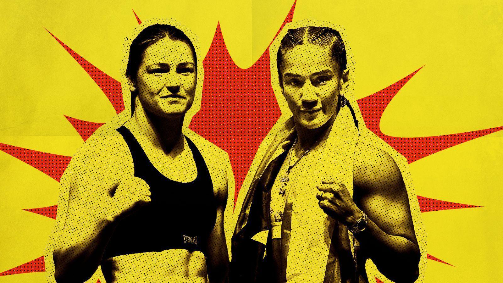 Yellow and red explosion graphic of Katie Taylor and Amanda Serrano