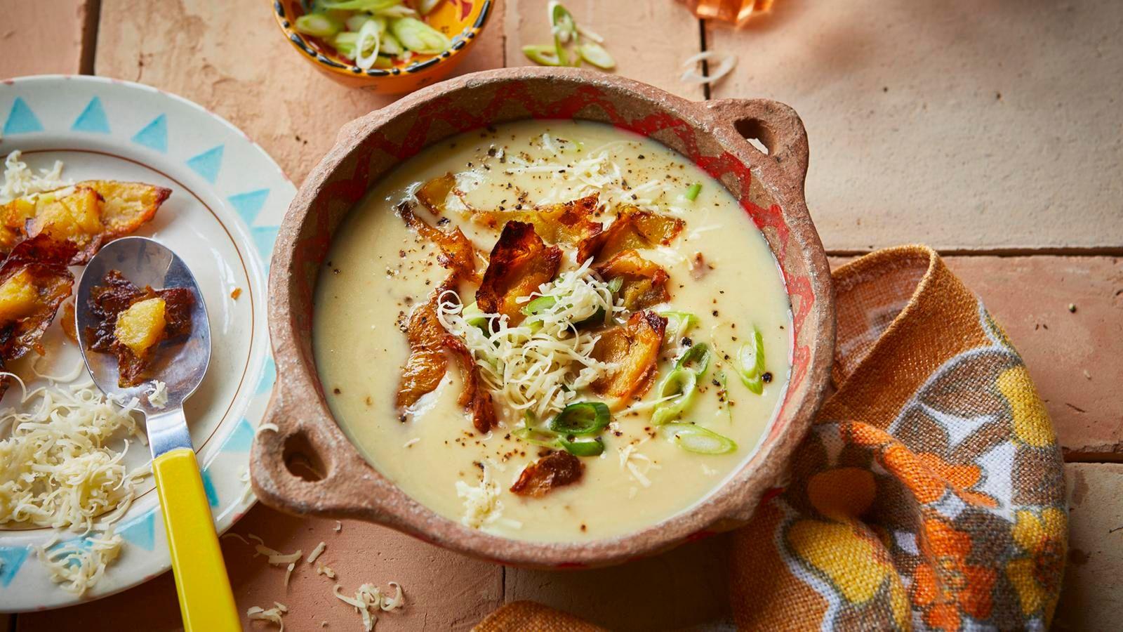 Baked potato soup with crispy potato skin topping