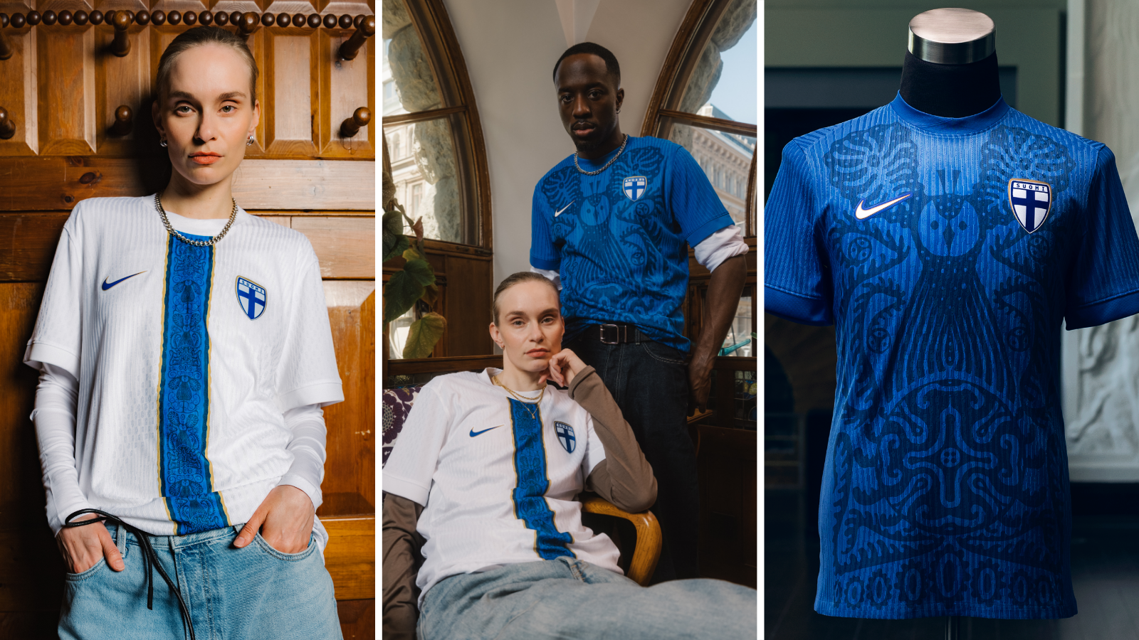 Finland's home and away kits for Euro 2025