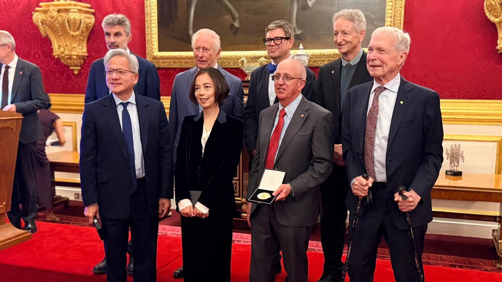 The seven key figures in AI who received an award from the King - back row left to right: Yoshua Bengio; the King; Yan LeCunn; Geoffrey Hinton and front row, left to right: Jensen Huang; Fei-Fei Li; Bill Dally; and John Hopfield