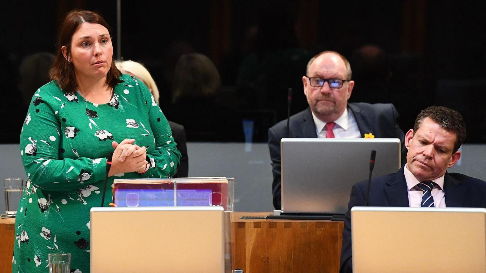 Heledd Fychan has short brown hair and a green dress with black and white flowers on. She is sat next to Rhun ap Iorwerth in the Senedd siambr